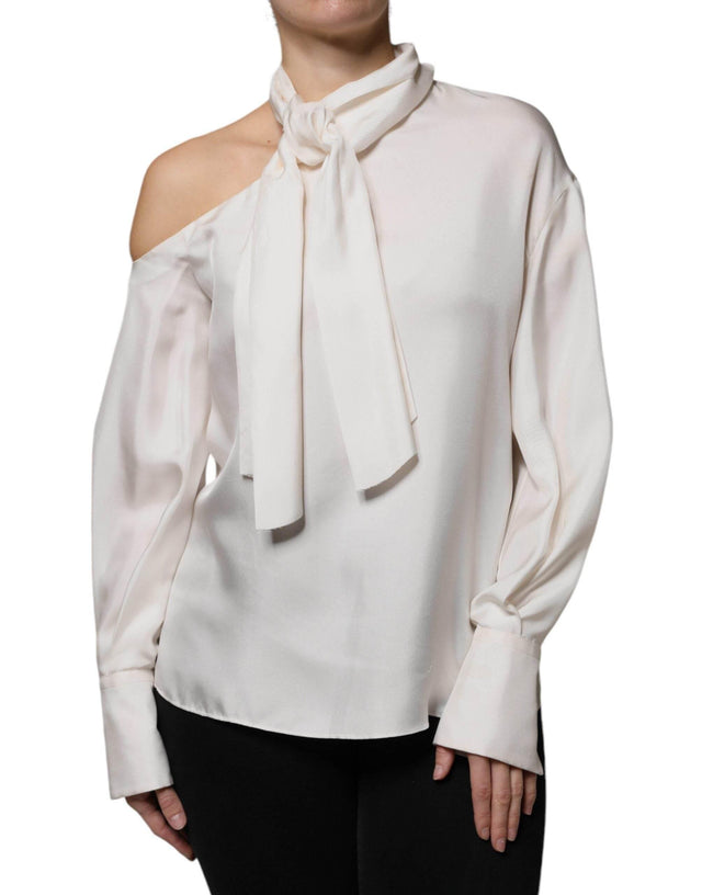 Brunello Cucinelli Beige Silk Ascot Collared Long Sleeves Top - Hilstor
