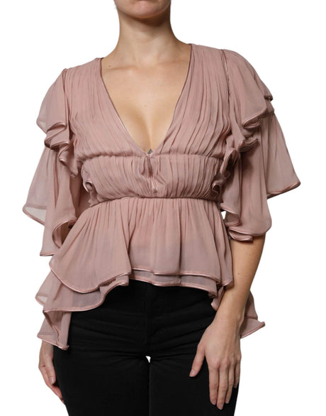 Alberta Ferretti Brown Silk Short Sleeves V-neck Pleated Top - Hilstor