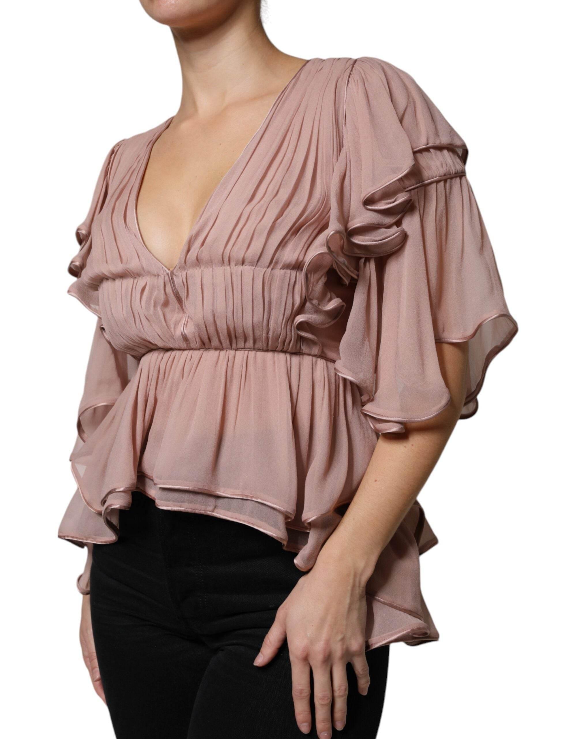Alberta Ferretti Brown Silk Short Sleeves V-neck Pleated Top - Hilstor