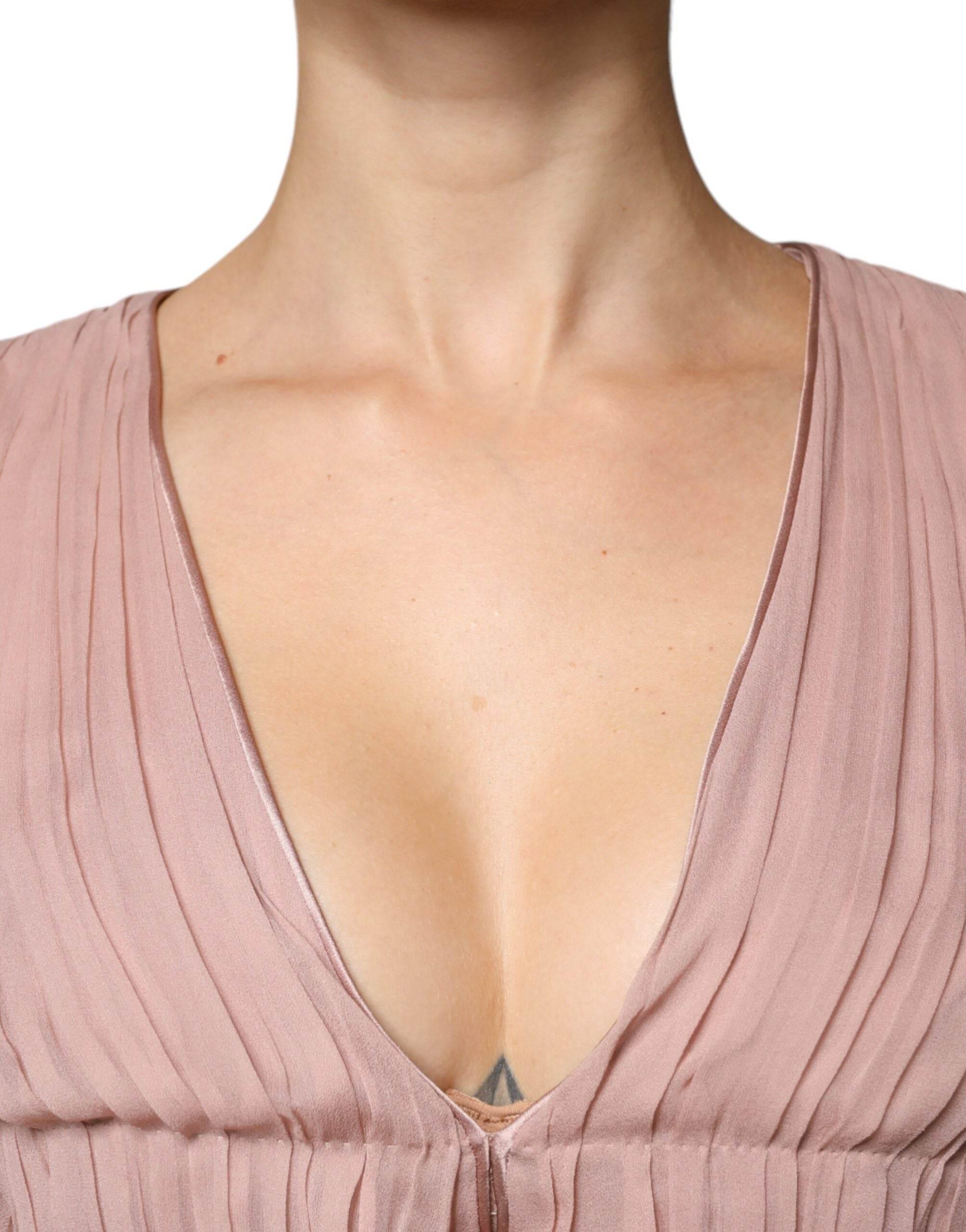 Alberta Ferretti Brown Silk Short Sleeves V-neck Pleated Top - Hilstor