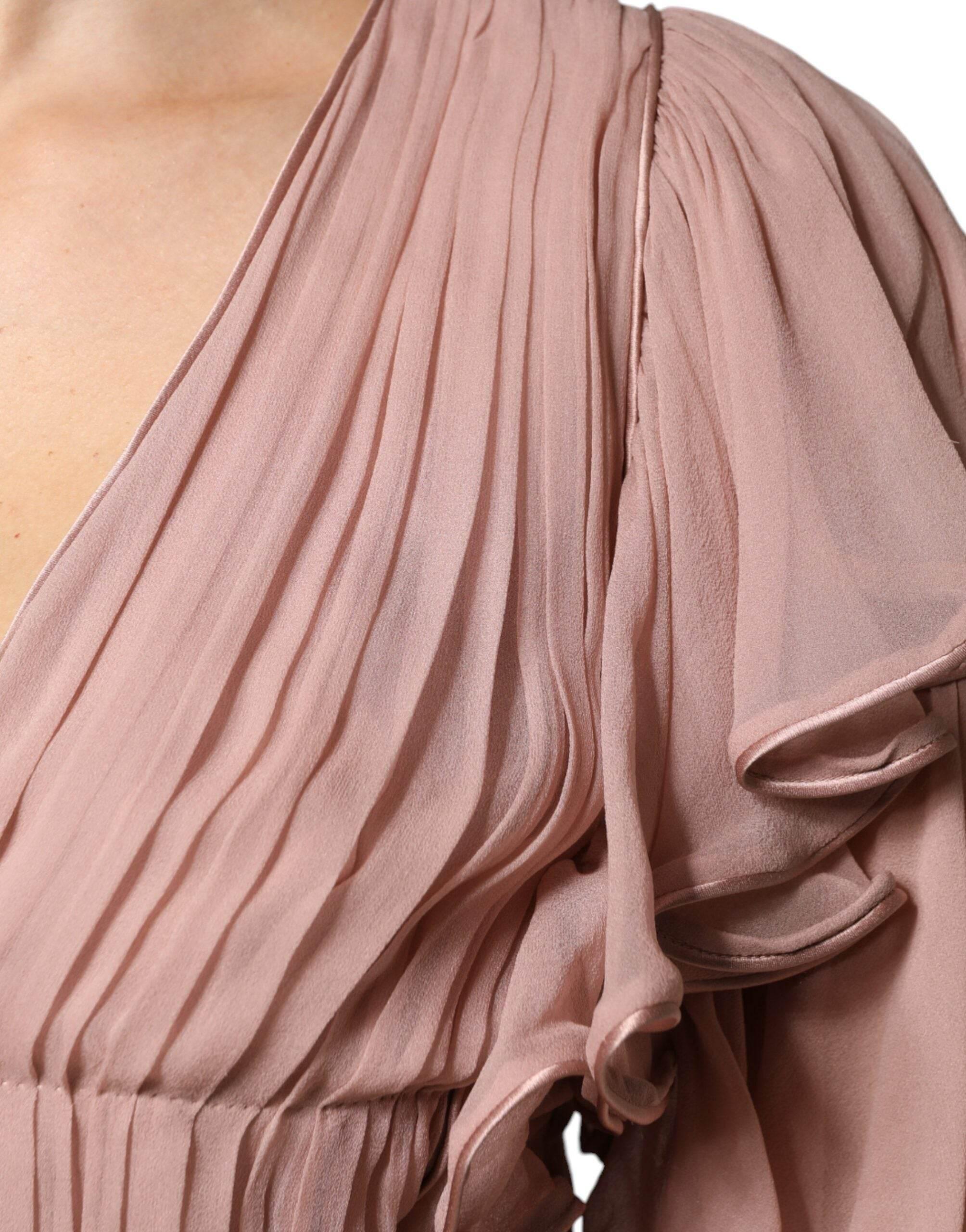 Alberta Ferretti Brown Silk Short Sleeves V-neck Pleated Top - Hilstor