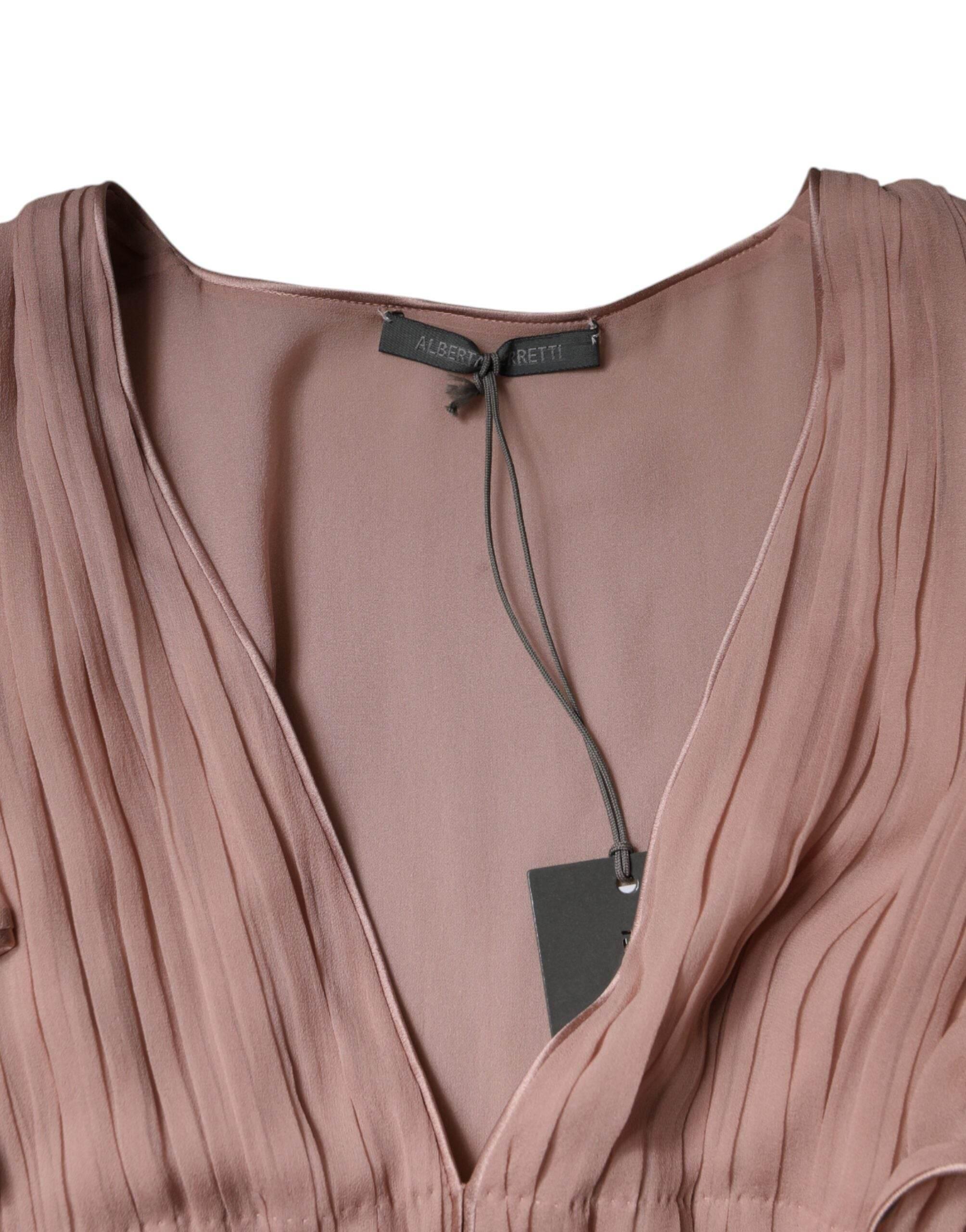 Alberta Ferretti Brown Silk Short Sleeves V-neck Pleated Top - Hilstor