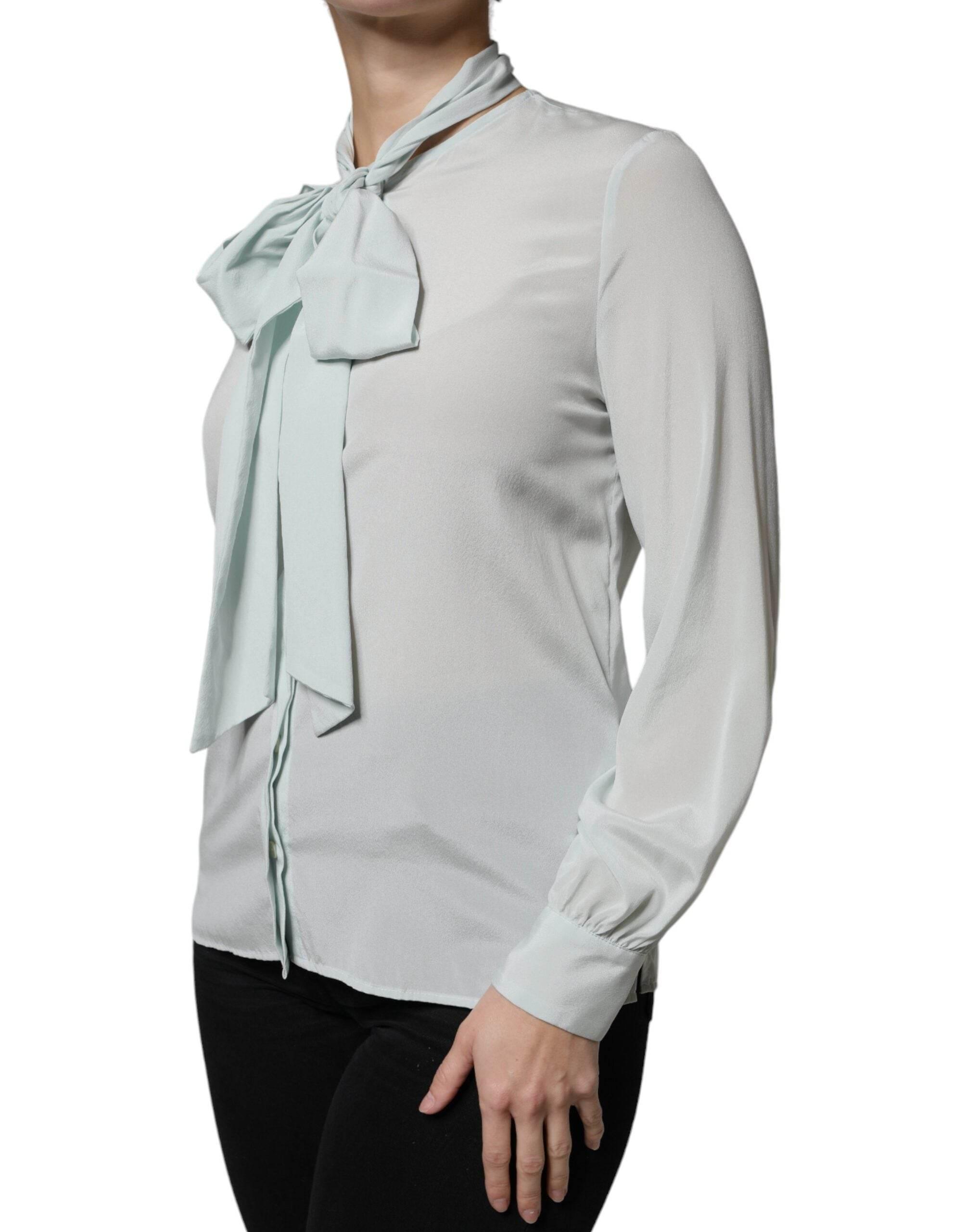 Ballantyne Light Blue Silk Ascot Collared Long Sleeves Top - Hilstor
