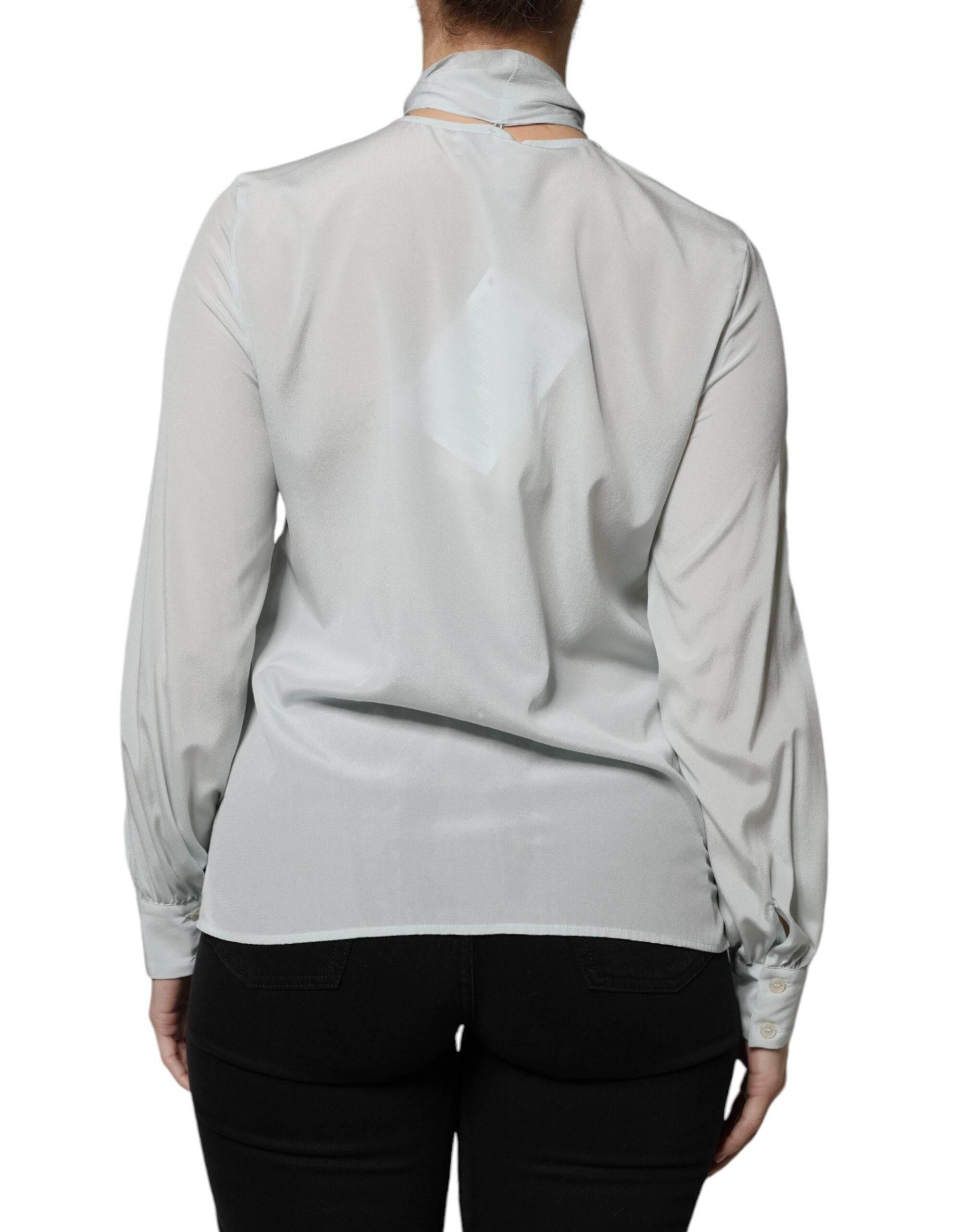 Ballantyne Light Blue Silk Ascot Collared Long Sleeves Top - Hilstor