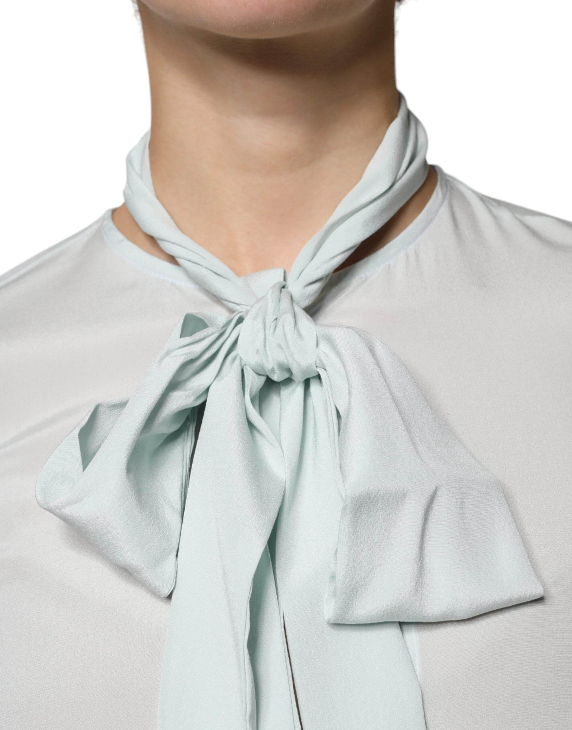 Ballantyne Light Blue Silk Ascot Collared Long Sleeves Top - Hilstor