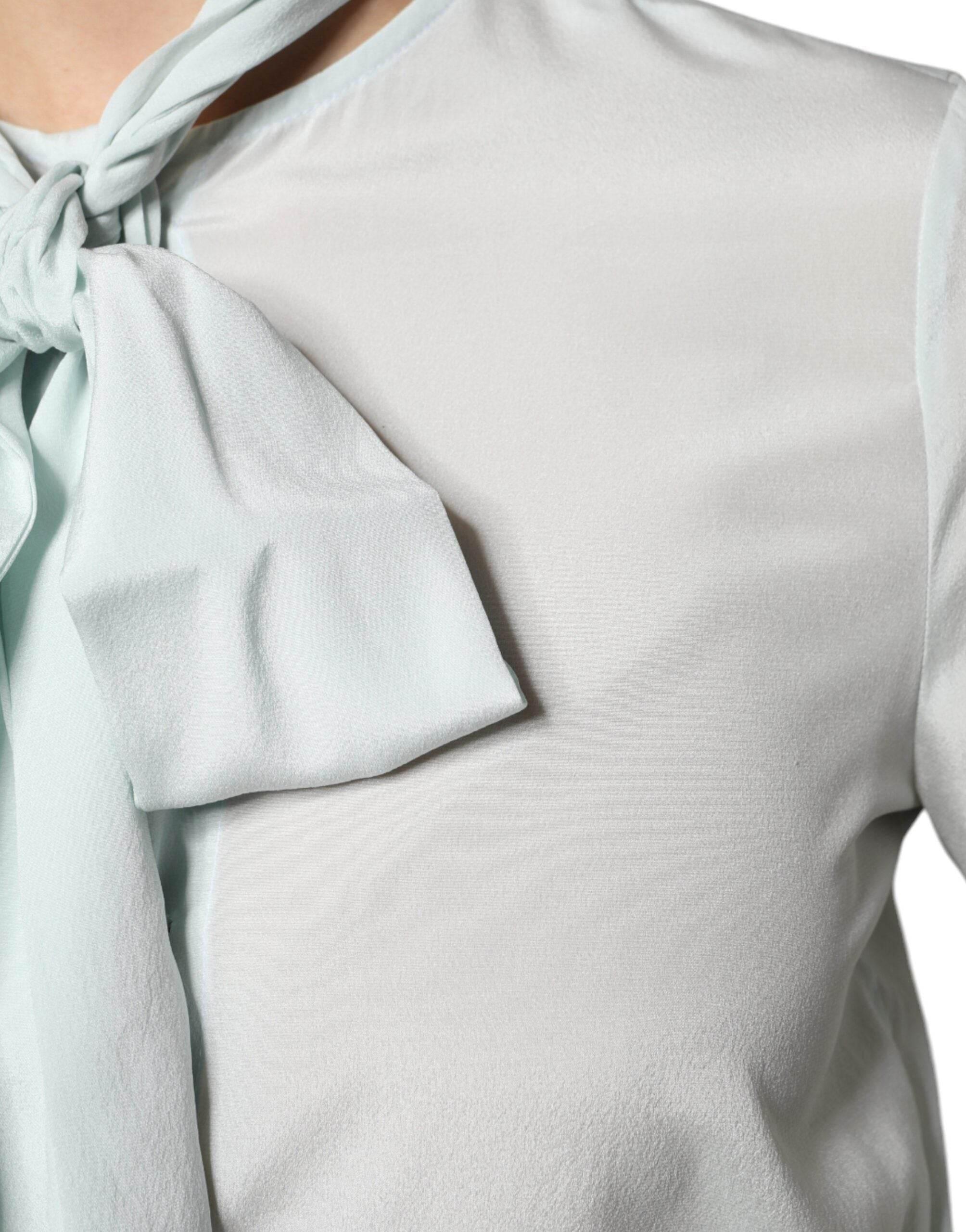 Ballantyne Light Blue Silk Ascot Collared Long Sleeves Top - Hilstor