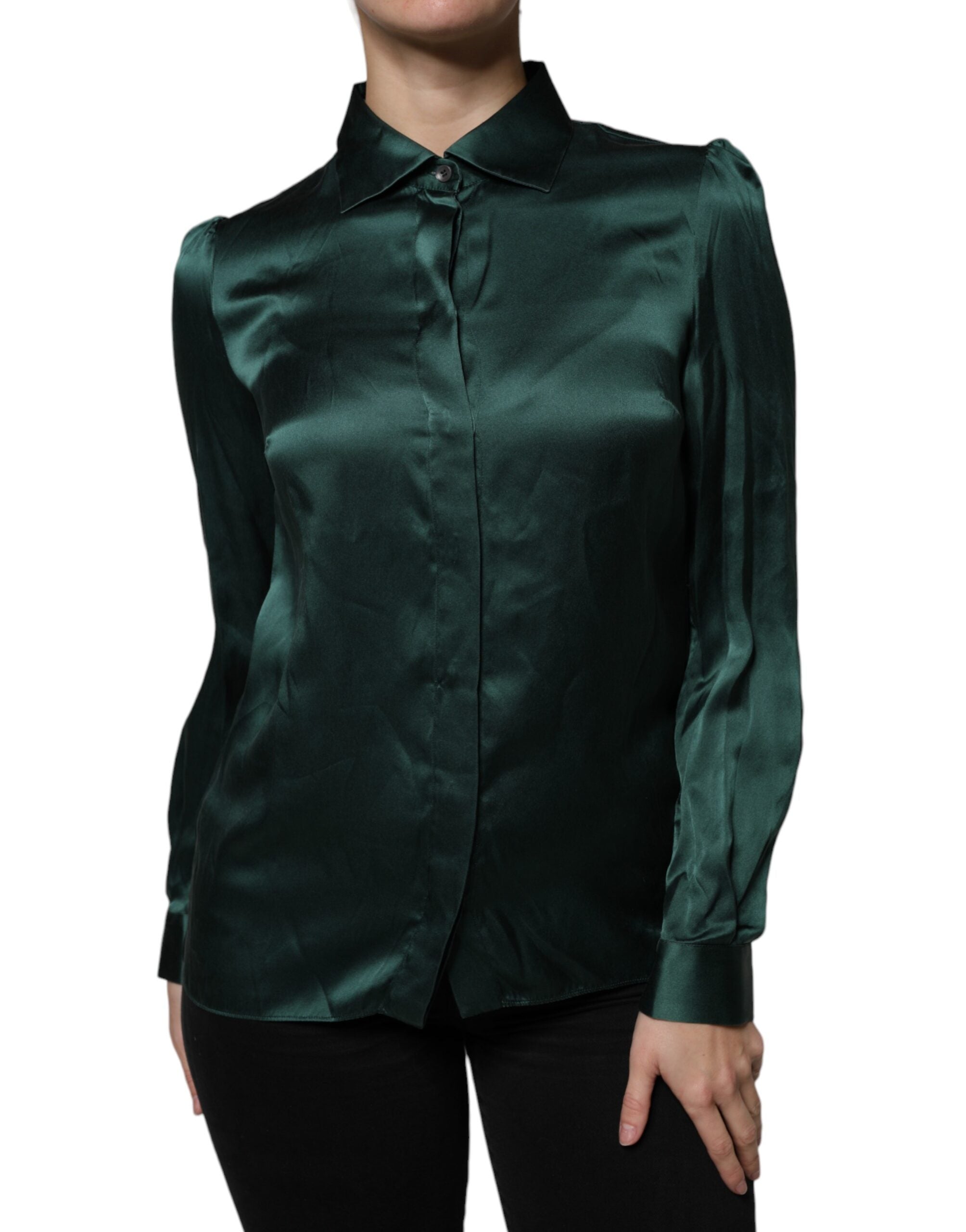 Dolce &amp; Gabbana Mørkegrøn Silke Bluse Top Med Knapper Og Lange Ærmer