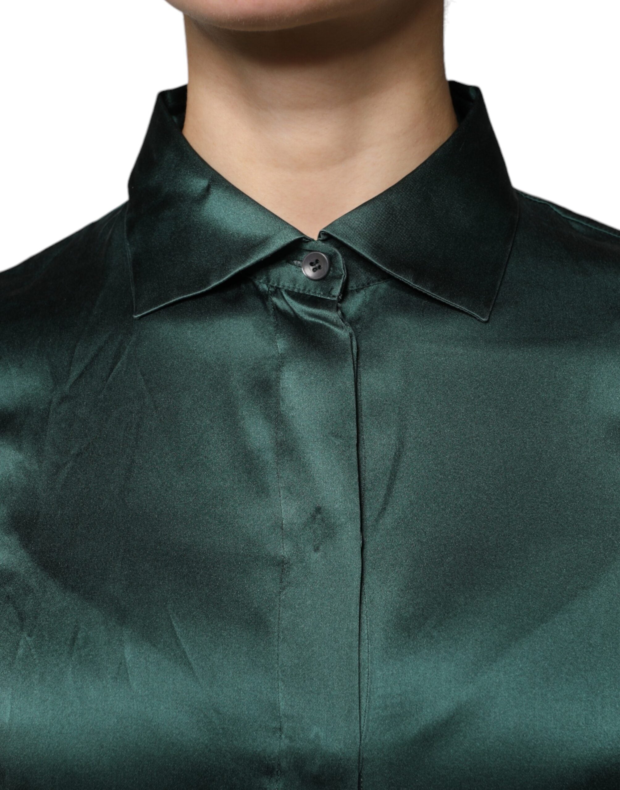 Dolce &amp; Gabbana Mørkegrøn Silke Bluse Top Med Knapper Og Lange Ærmer