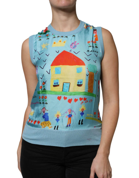 Dolce & Gabbana Blue Drawing Cashmere Sleeveless Tank Top - Hilstor