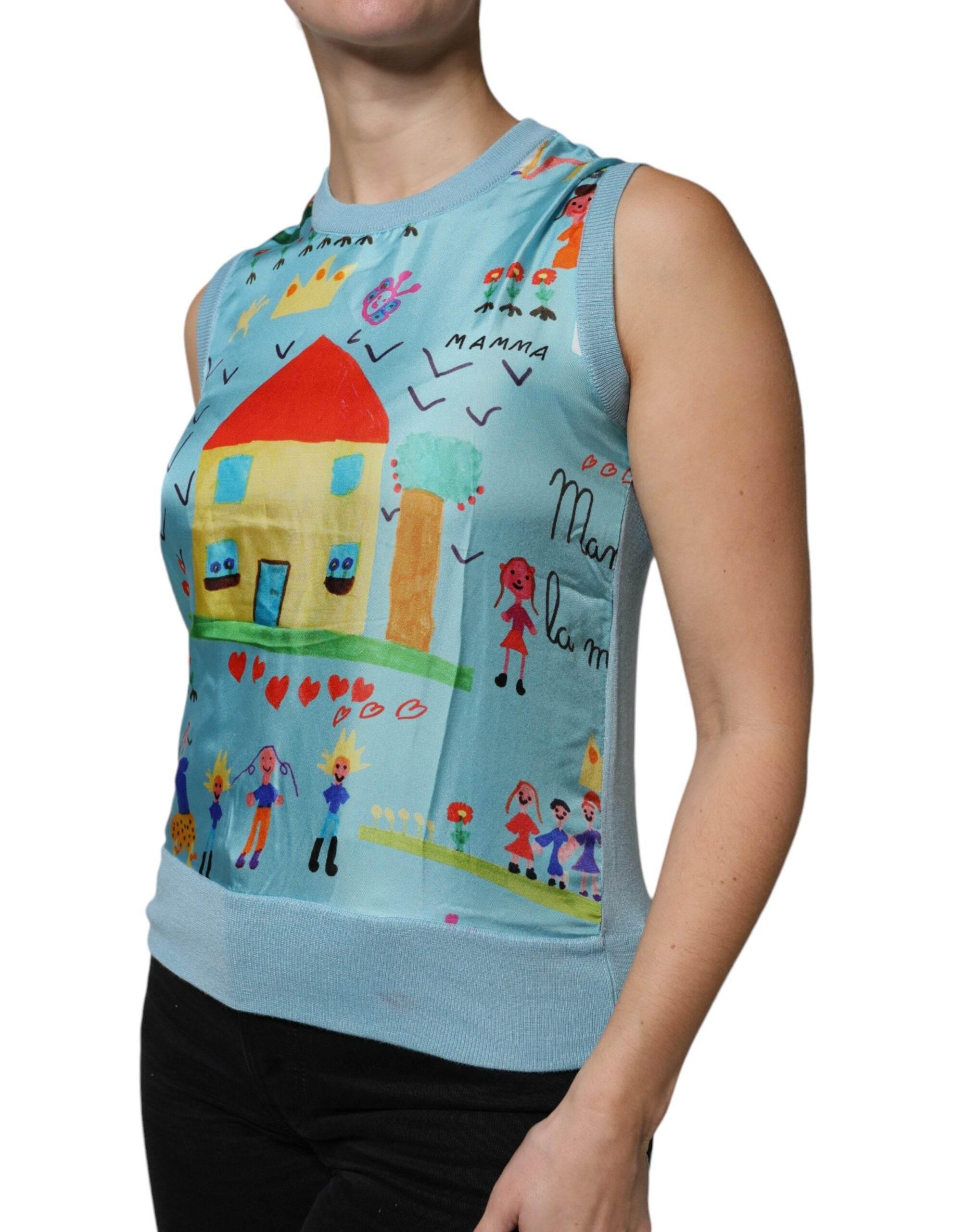 Dolce & Gabbana Blue Drawing Cashmere Sleeveless Tank Top - Hilstor