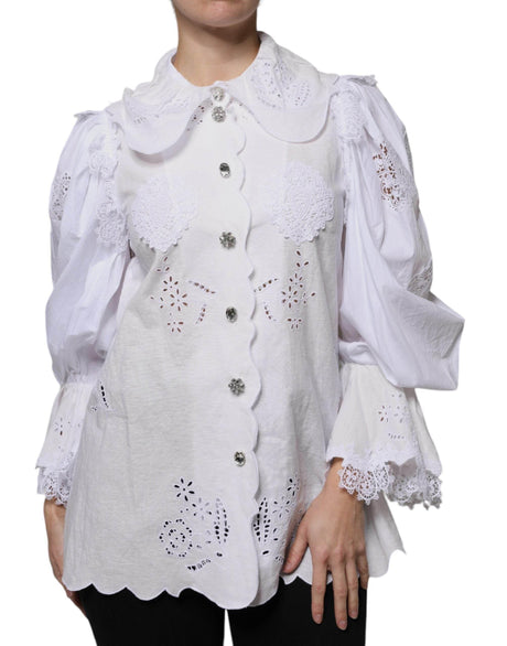 Dolce & Gabbana White Cotton Lace Trim Collared Blouse Top - Hilstor