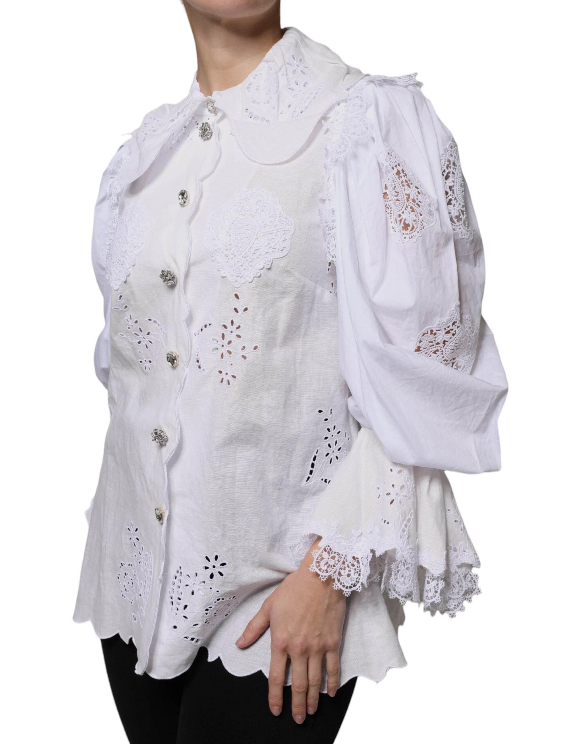 Dolce & Gabbana White Cotton Lace Trim Collared Blouse Top - Hilstor