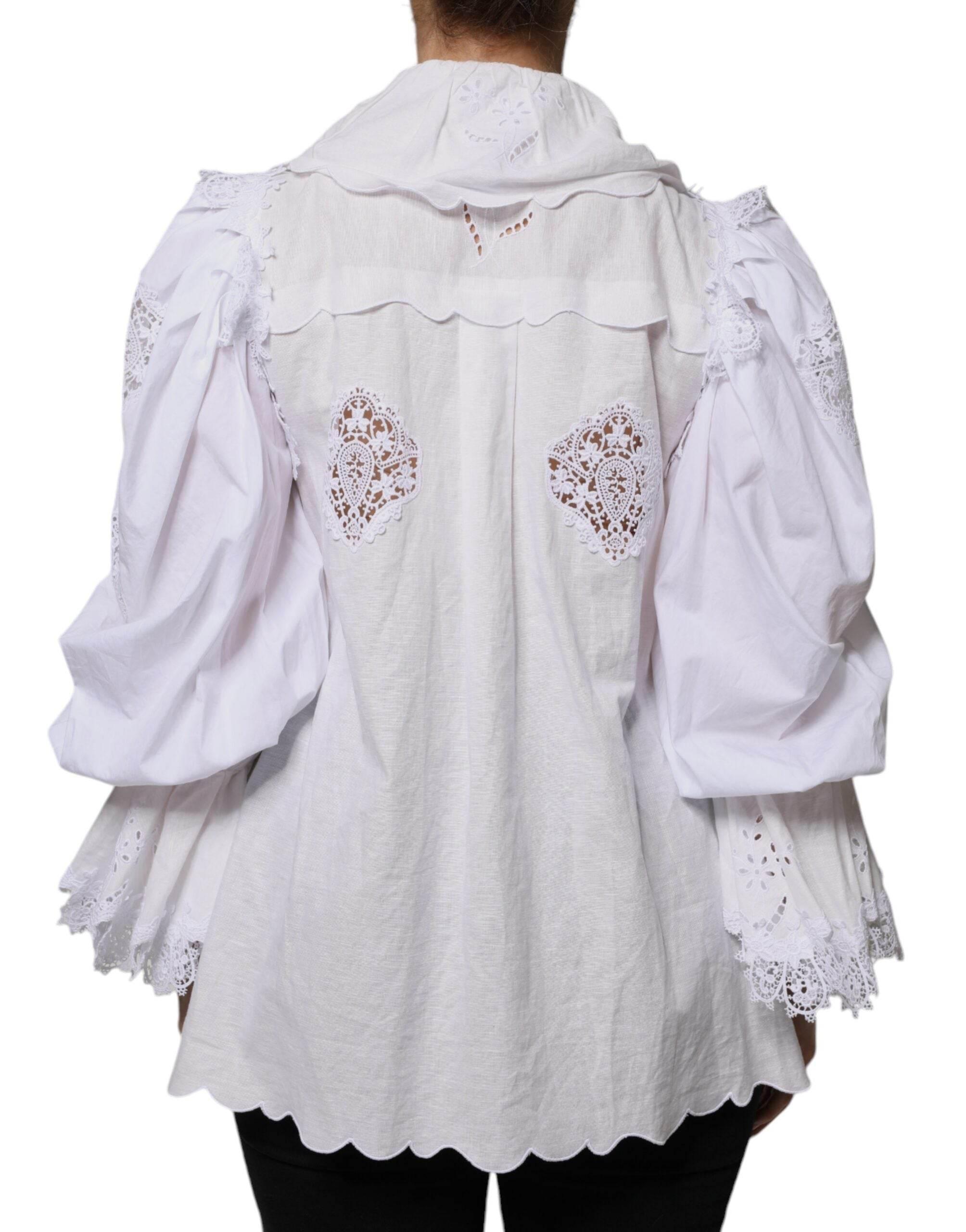 Dolce & Gabbana White Cotton Lace Trim Collared Blouse Top - Hilstor