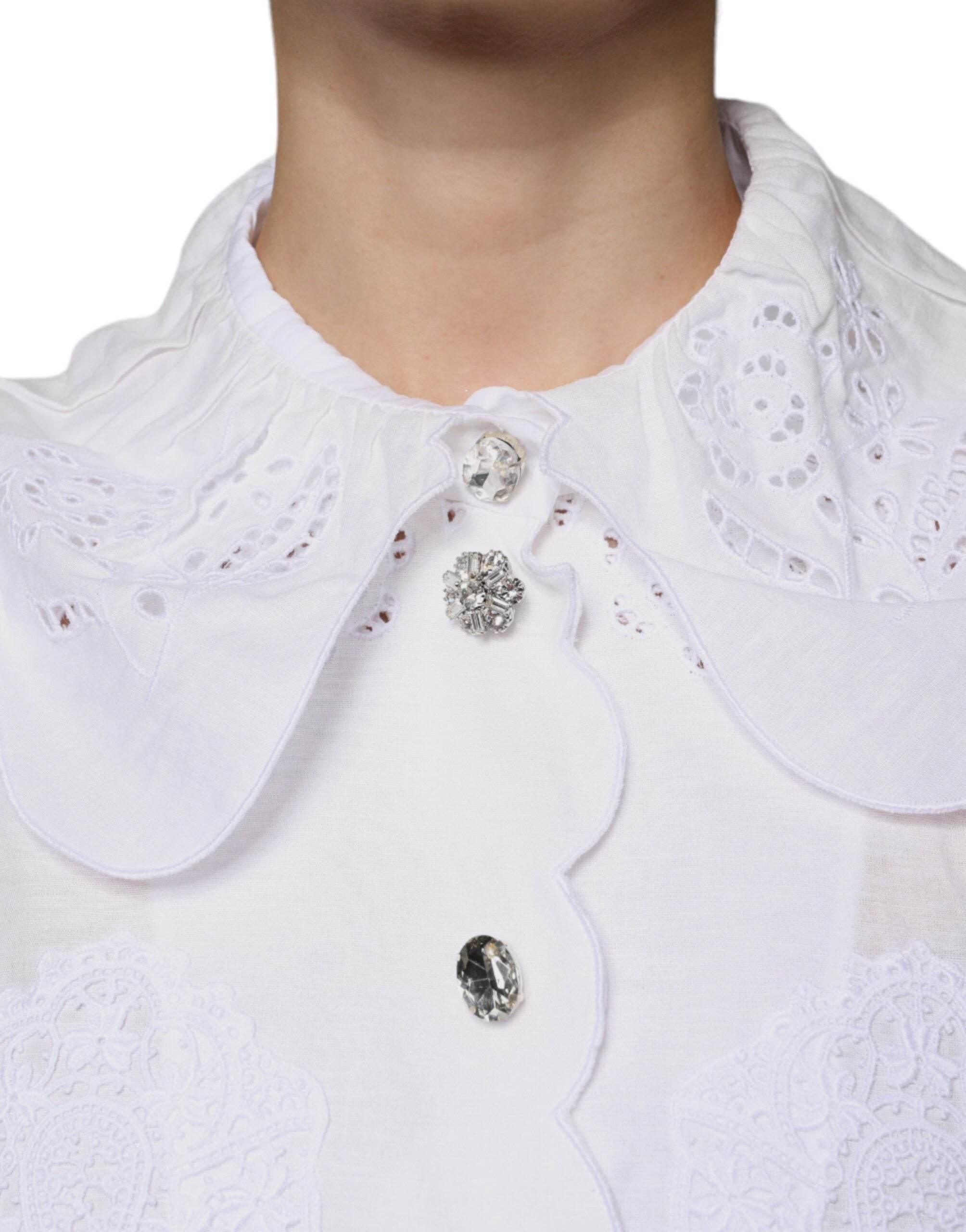 Dolce & Gabbana White Cotton Lace Trim Collared Blouse Top - Hilstor
