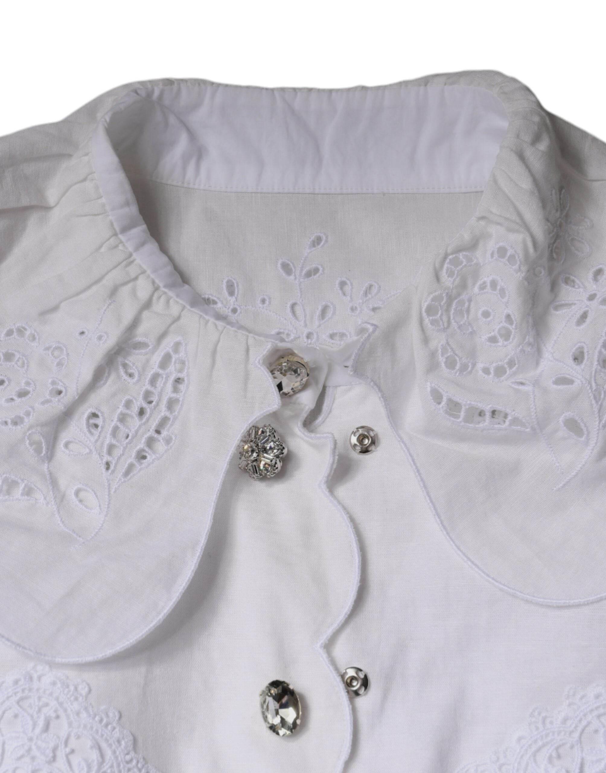 Dolce & Gabbana White Cotton Lace Trim Collared Blouse Top - Hilstor
