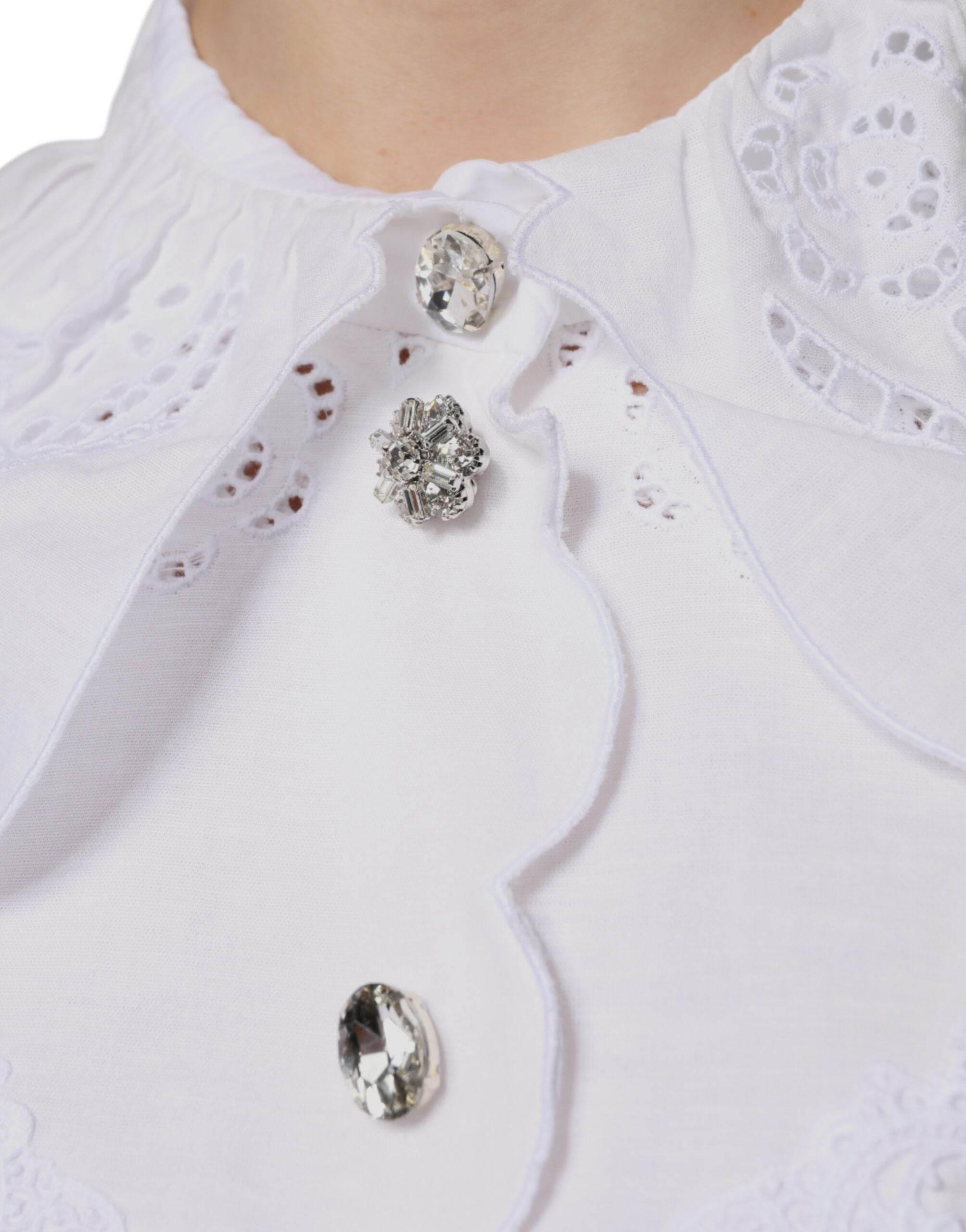 Dolce & Gabbana White Cotton Lace Trim Collared Blouse Top - Hilstor