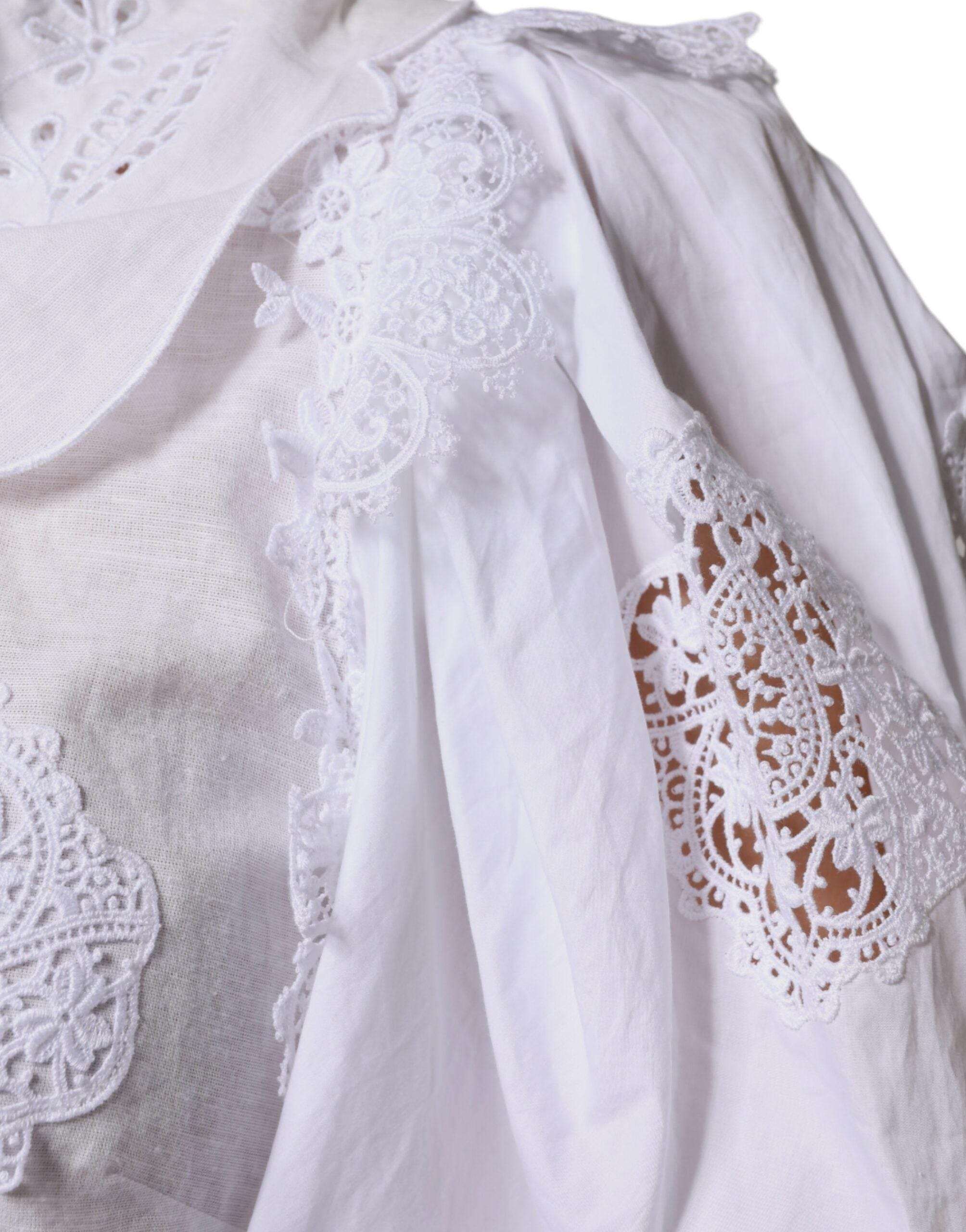 Dolce & Gabbana White Cotton Lace Trim Collared Blouse Top - Hilstor