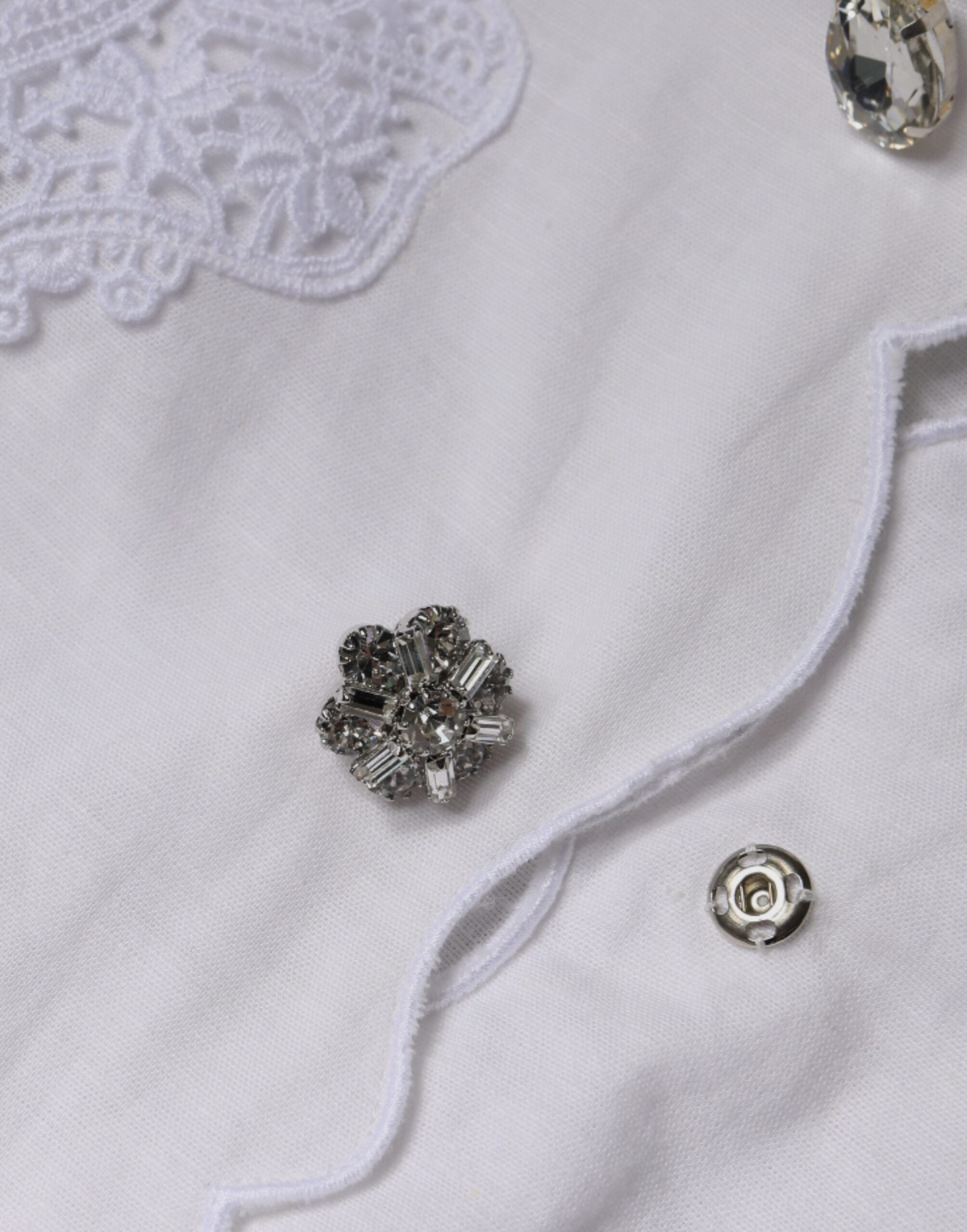 Dolce & Gabbana White Cotton Lace Trim Collared Blouse Top