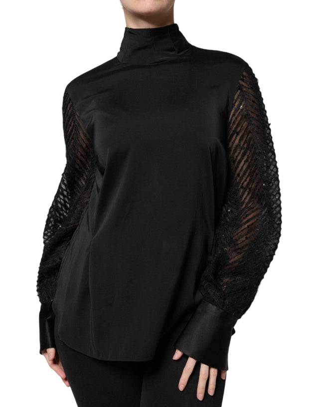 Brunello Cucinelli Black Silk Blend Long Sleeves Blouse Top - Hilstor