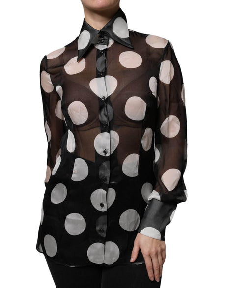 Dolce & Gabbana Black White Polka Dots Silk Long Sleeves Top - Hilstor