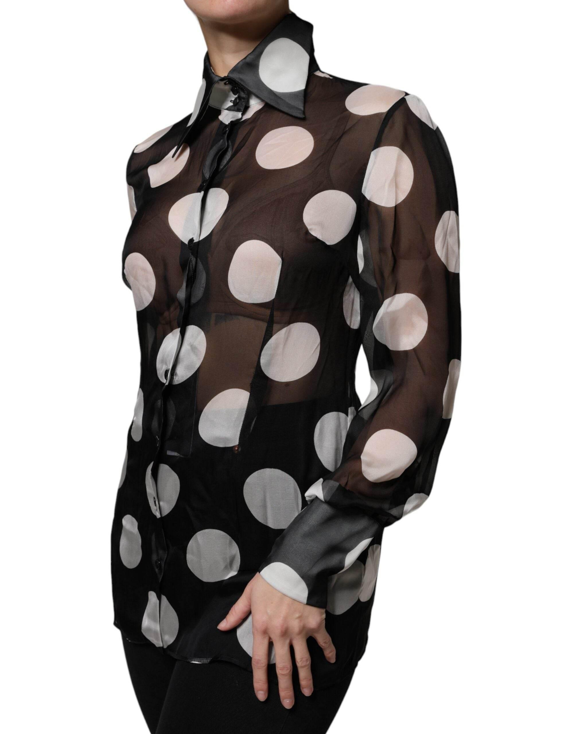 Dolce & Gabbana Black White Polka Dots Silk Long Sleeves Top - Hilstor
