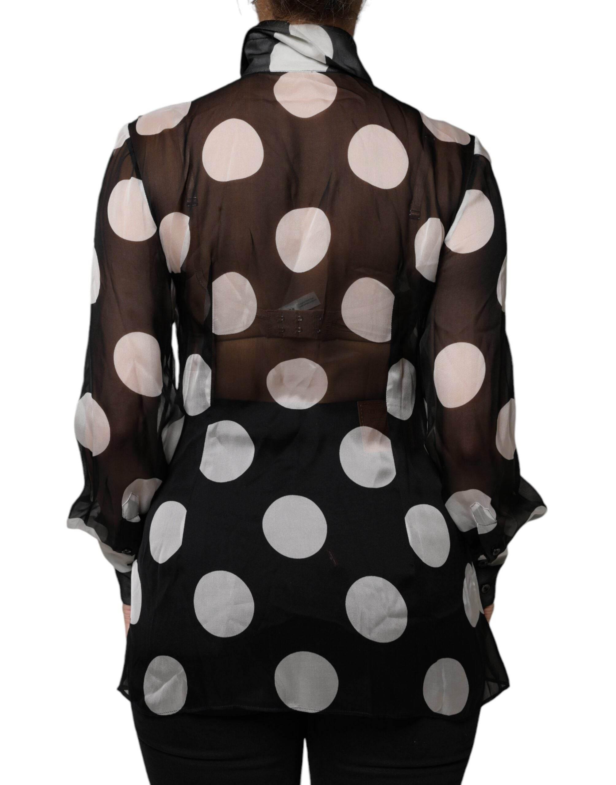 Dolce & Gabbana Black White Polka Dots Silk Long Sleeves Top - Hilstor