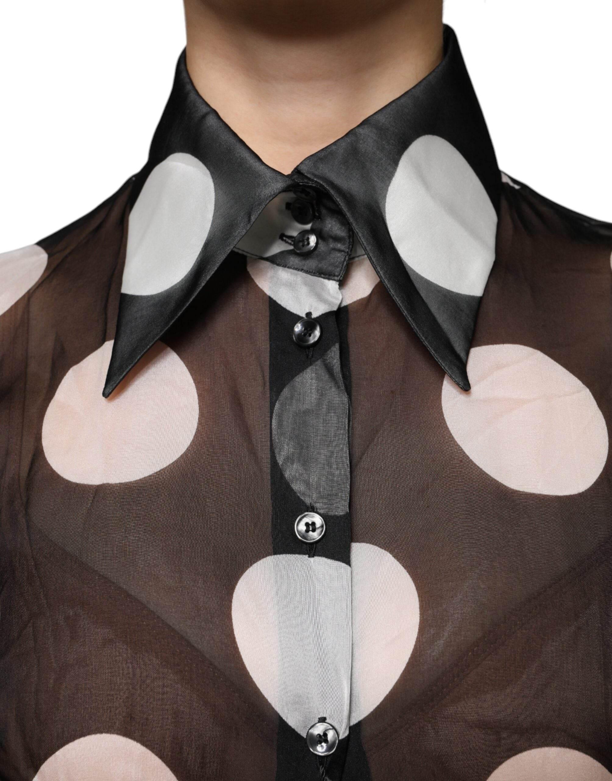 Dolce & Gabbana Black White Polka Dots Silk Long Sleeves Top - Hilstor
