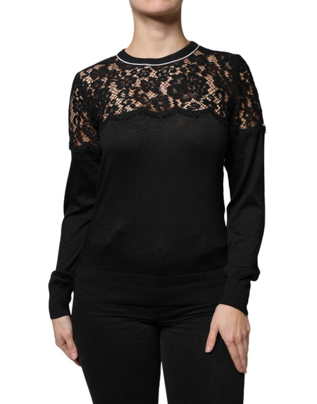 Dolce & Gabbana Black Floral Lace Silk Pullover Blouse Top - Hilstor
