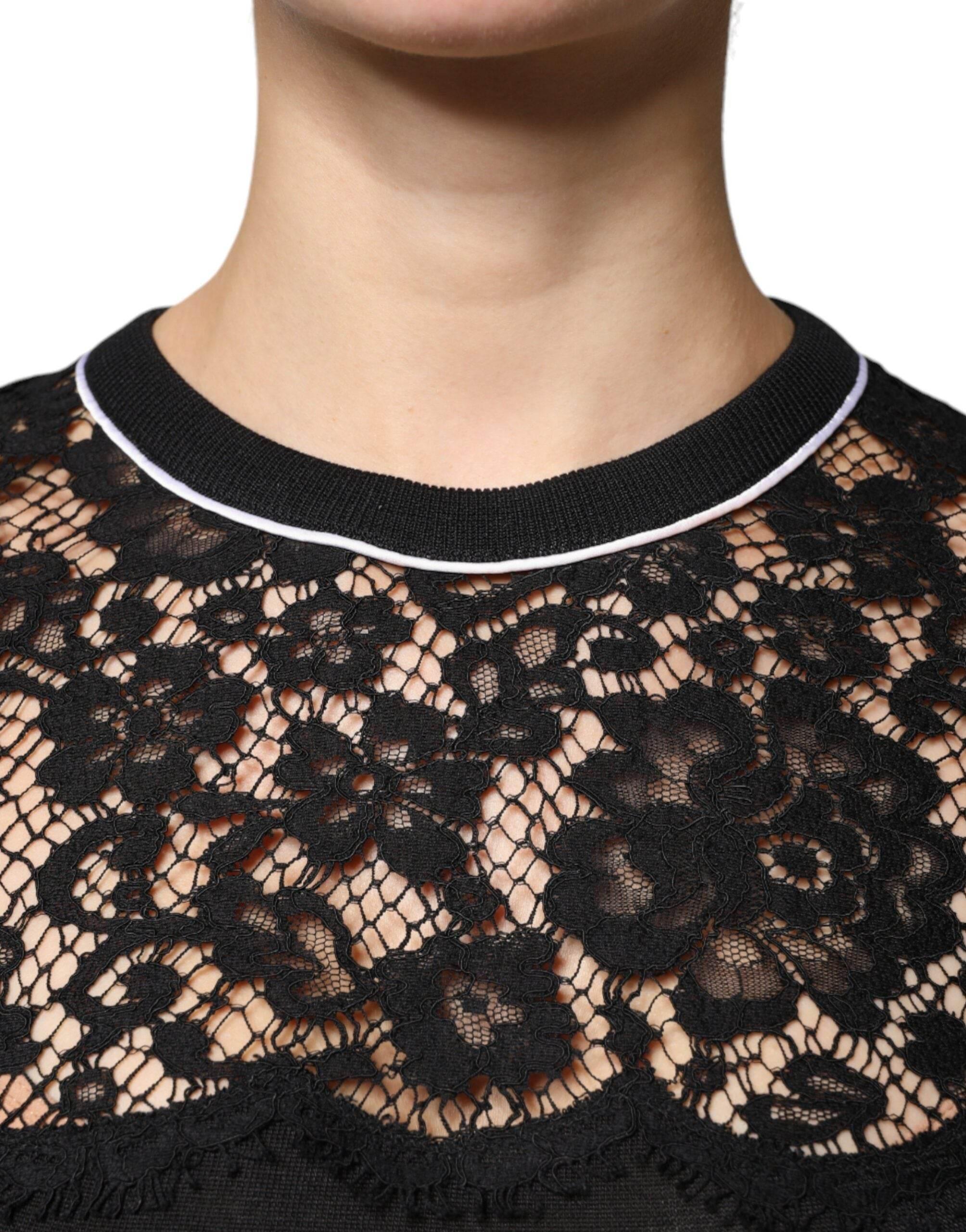Dolce & Gabbana Black Floral Lace Silk Pullover Blouse Top - Hilstor