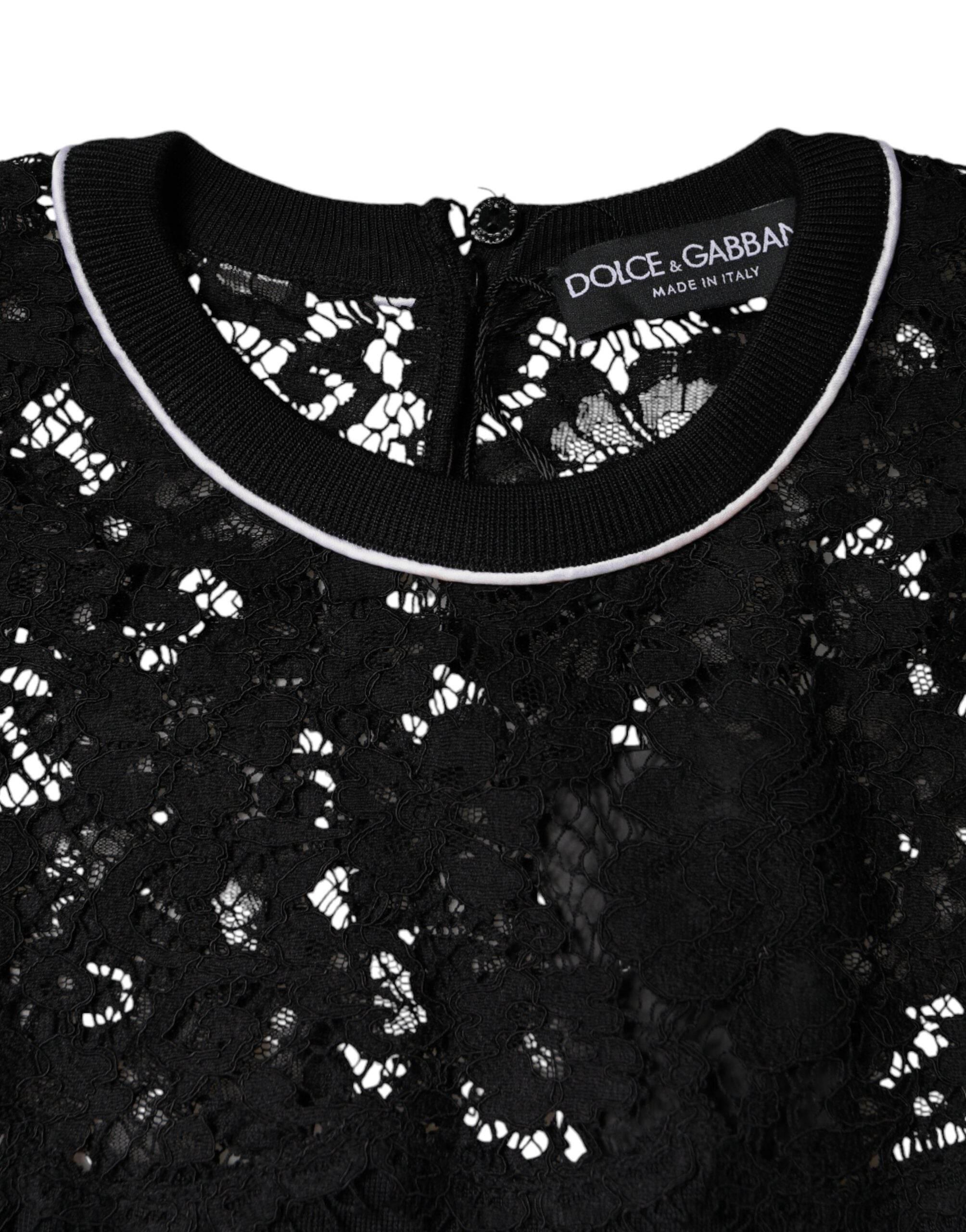 Dolce & Gabbana Black Floral Lace Silk Pullover Blouse Top - Hilstor