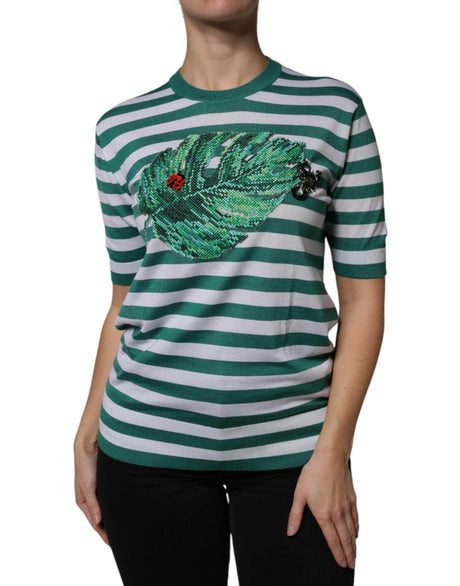 Dolce & Gabbana White Green Stripe Leaf Crew Neck T-shirt - Hilstor