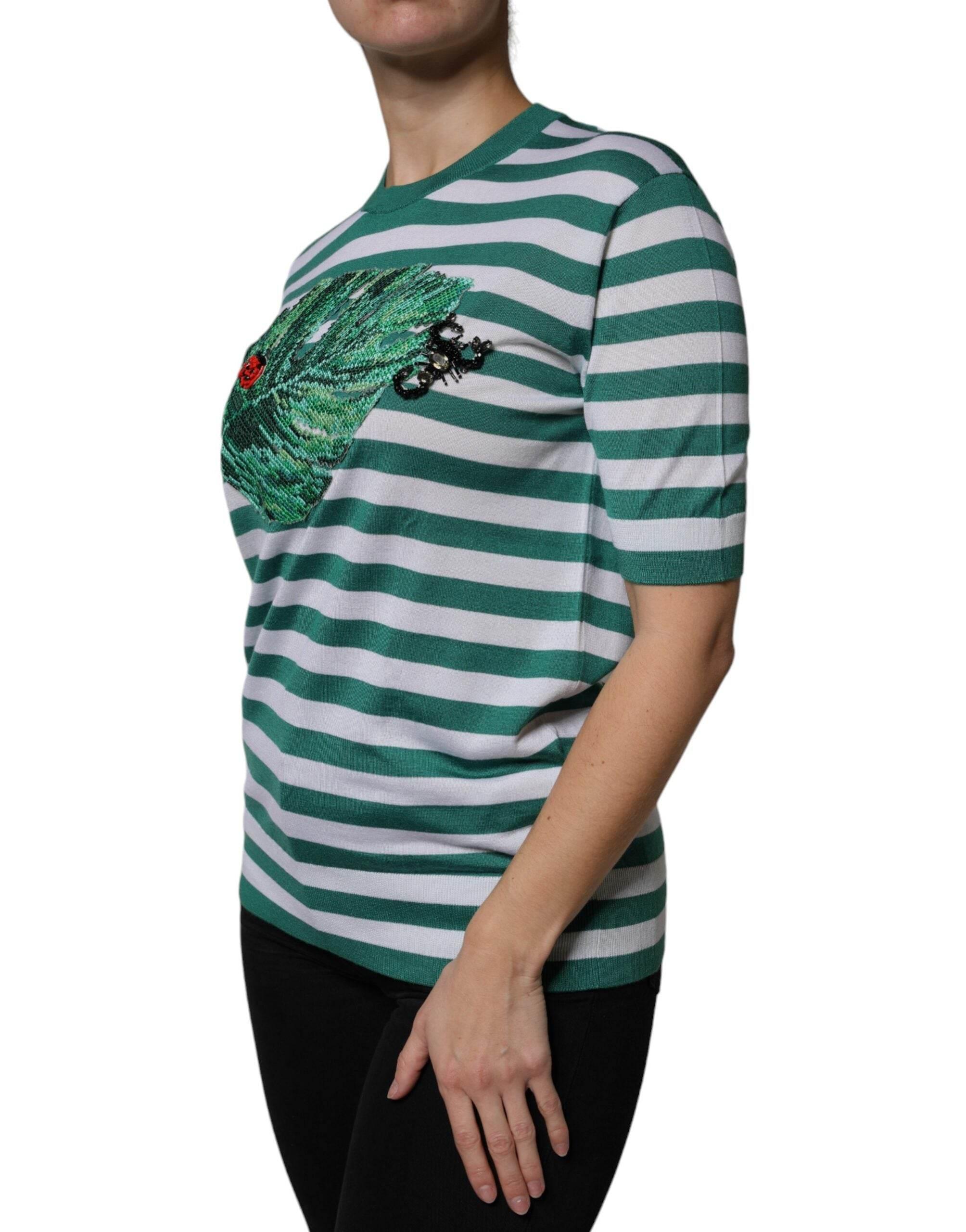 Dolce & Gabbana White Green Stripe Leaf Crew Neck T-shirt - Hilstor