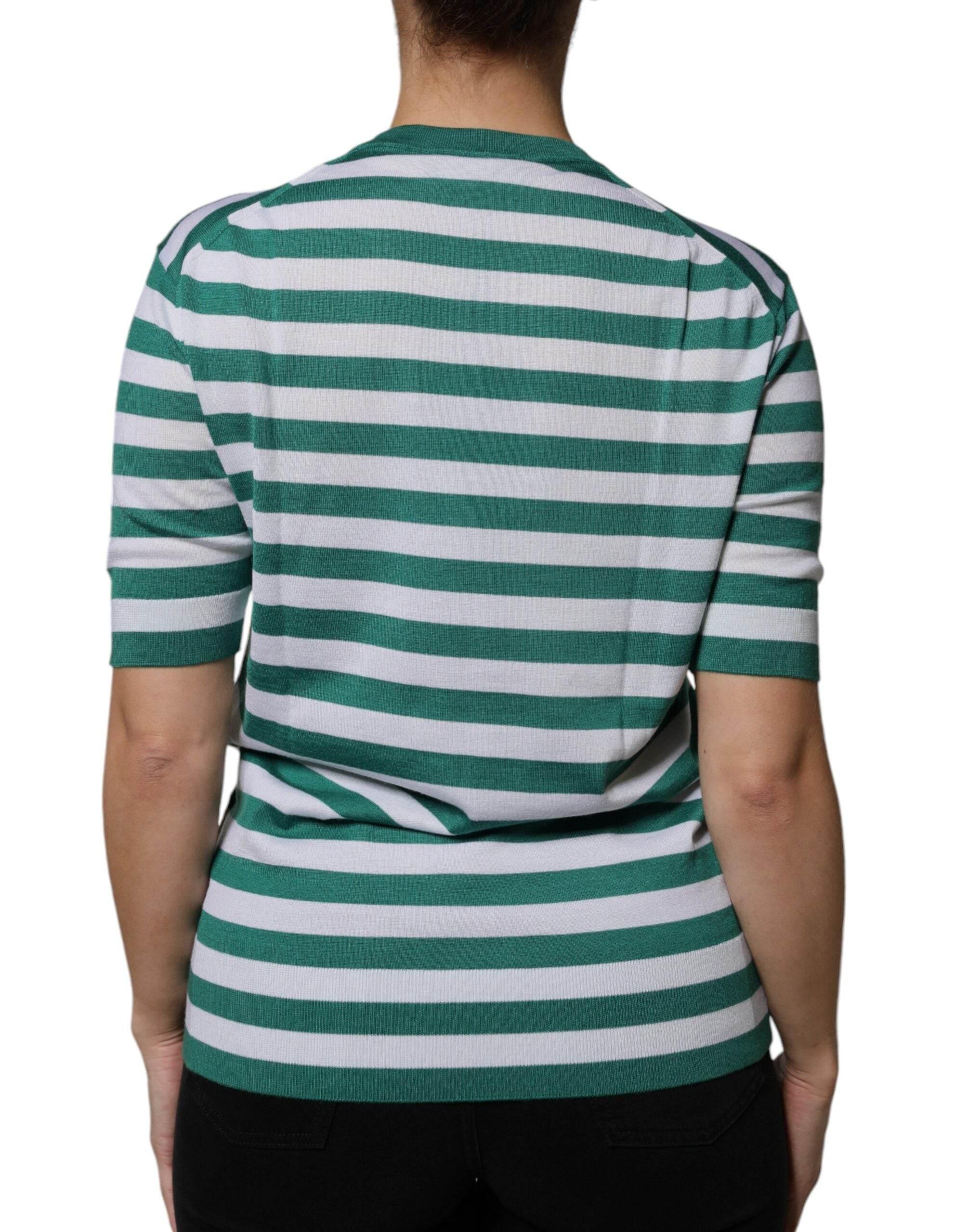 Dolce & Gabbana White Green Stripe Leaf Crew Neck T-shirt - Hilstor