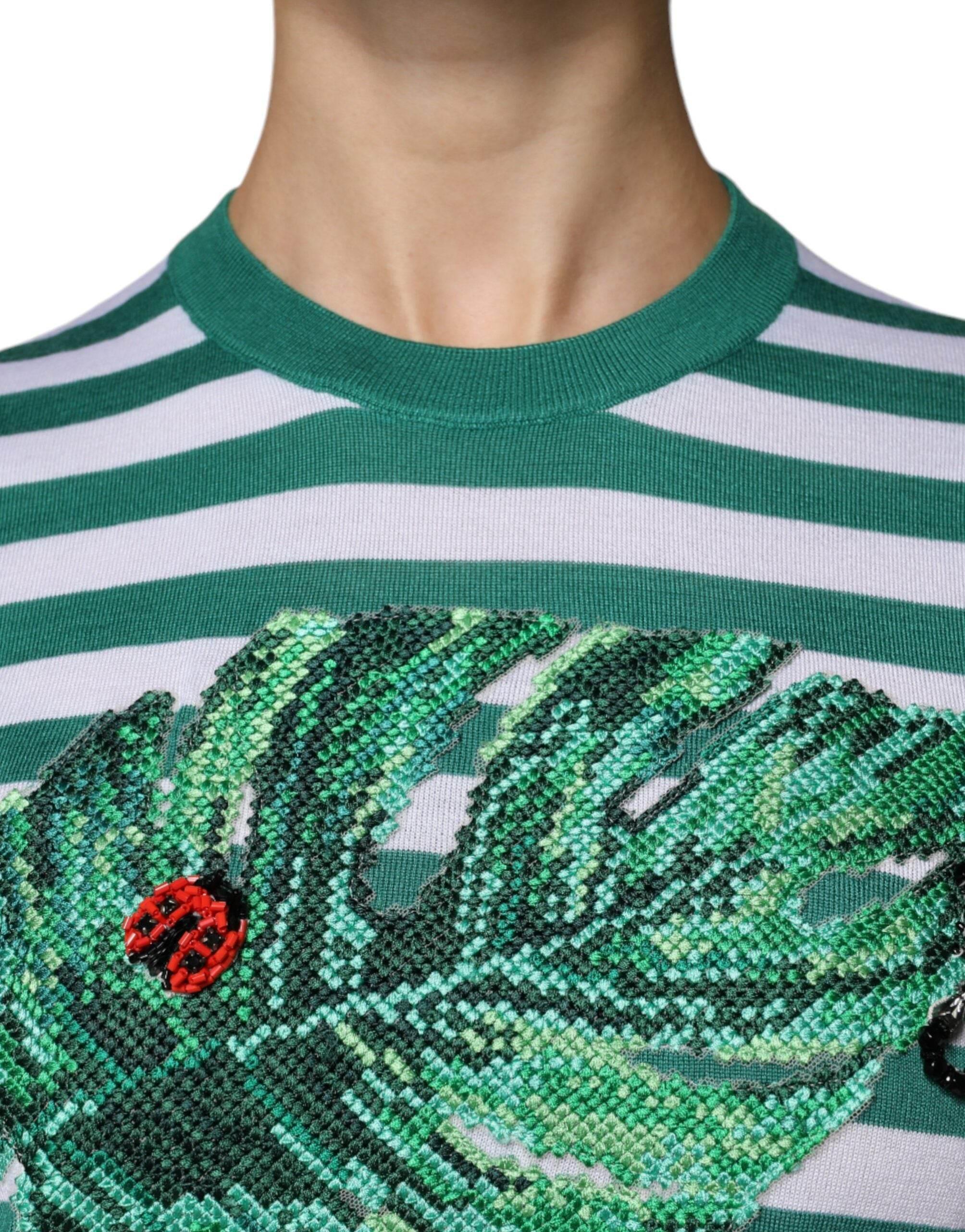 Dolce & Gabbana White Green Stripe Leaf Crew Neck T-shirt - Hilstor