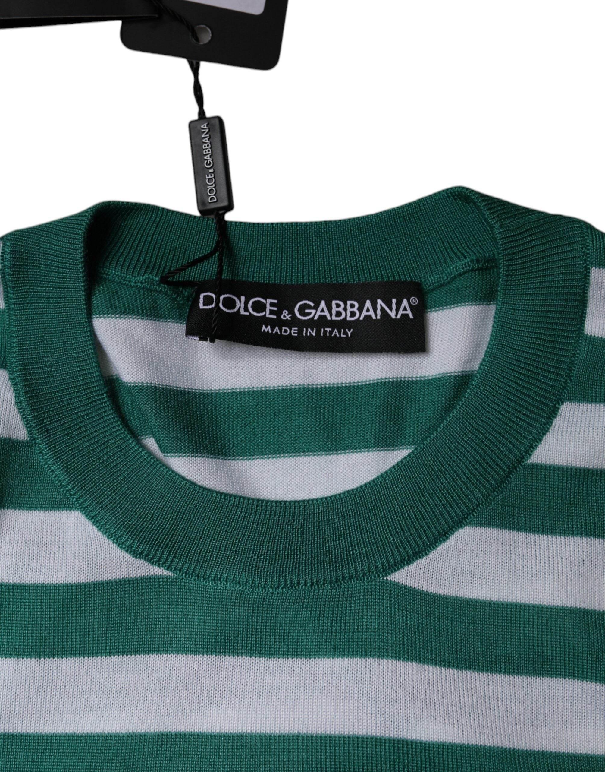 Dolce & Gabbana White Green Stripe Leaf Crew Neck T-shirt - Hilstor