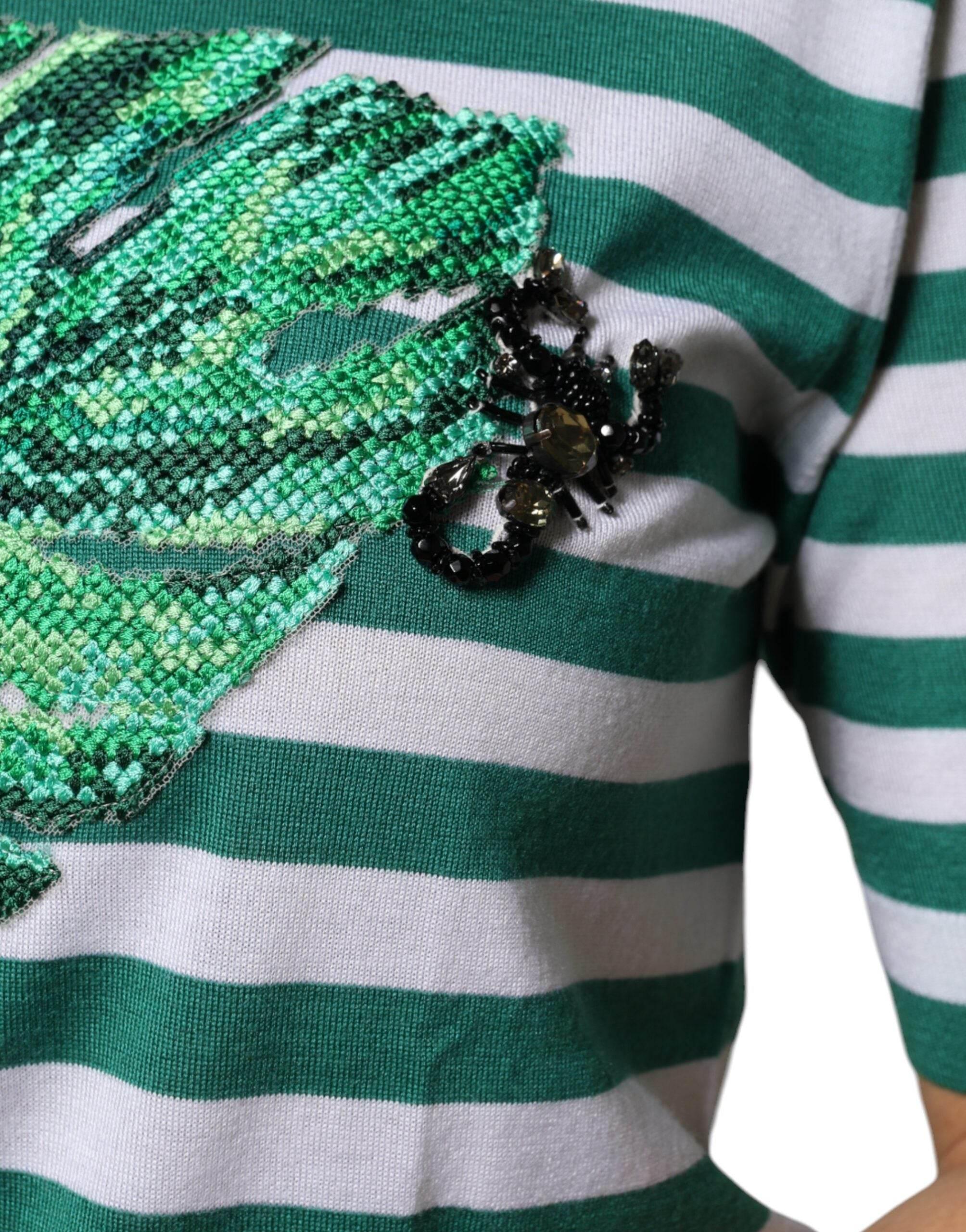 Dolce & Gabbana White Green Stripe Leaf Crew Neck T-shirt - Hilstor