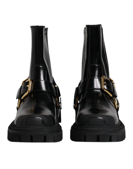 Dolce &amp; Gabbana Sort Læder Slip On Stretch Trekking Støvler Sko