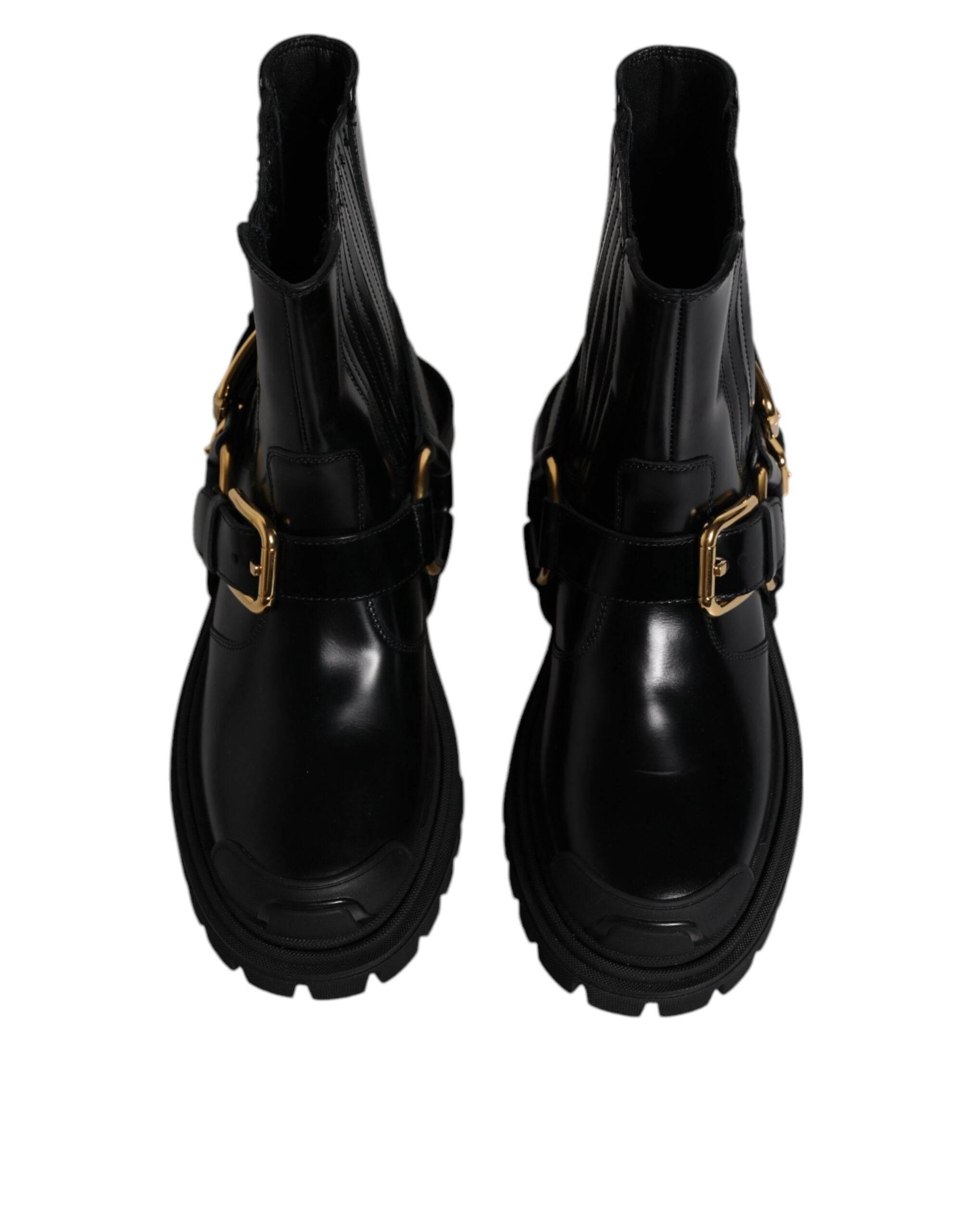 Dolce & Gabbana Black Leather Slip On Stretch Trekking Boots Shoes - Hilstor