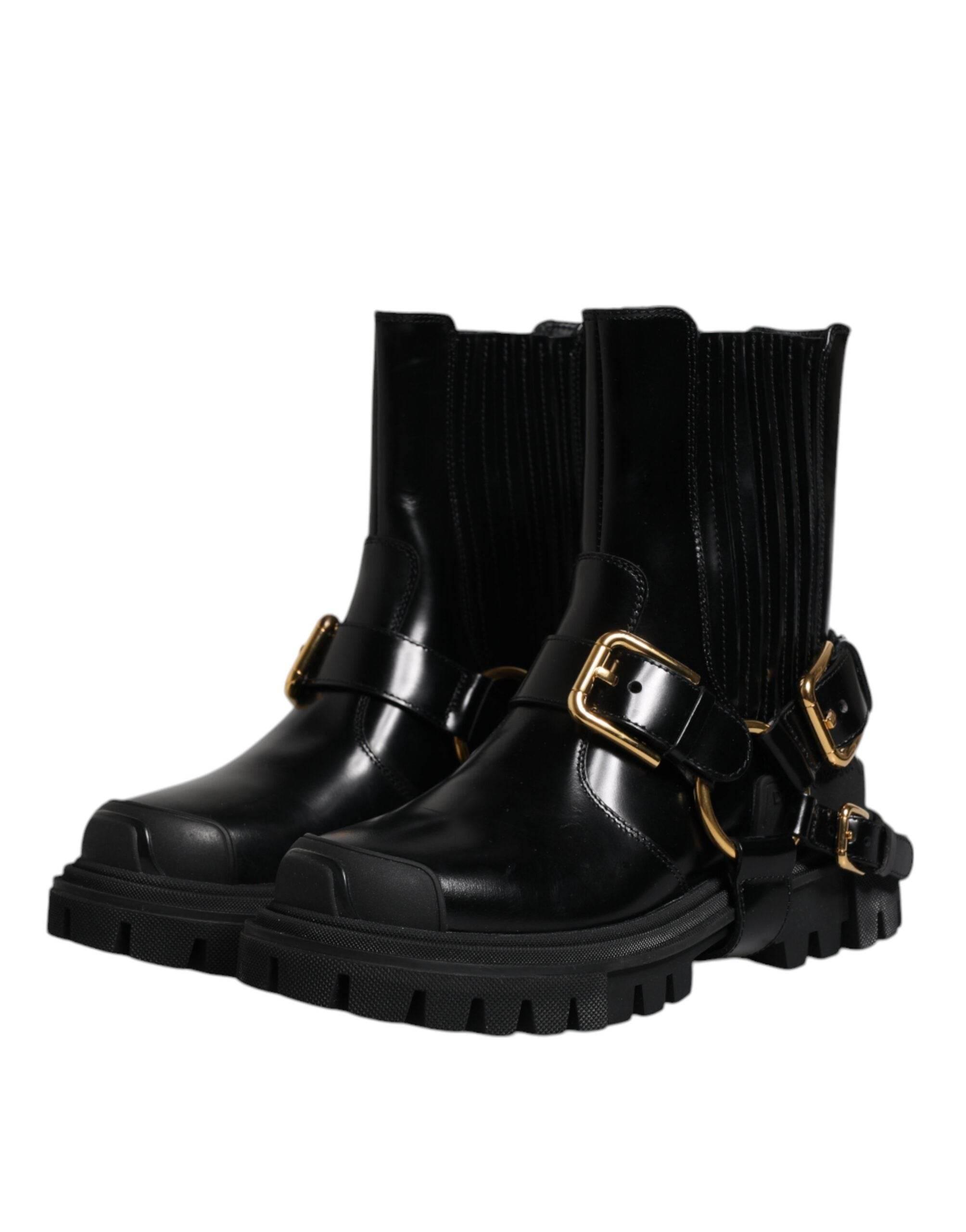 Dolce & Gabbana Black Leather Slip On Stretch Trekking Boots Shoes - Hilstor