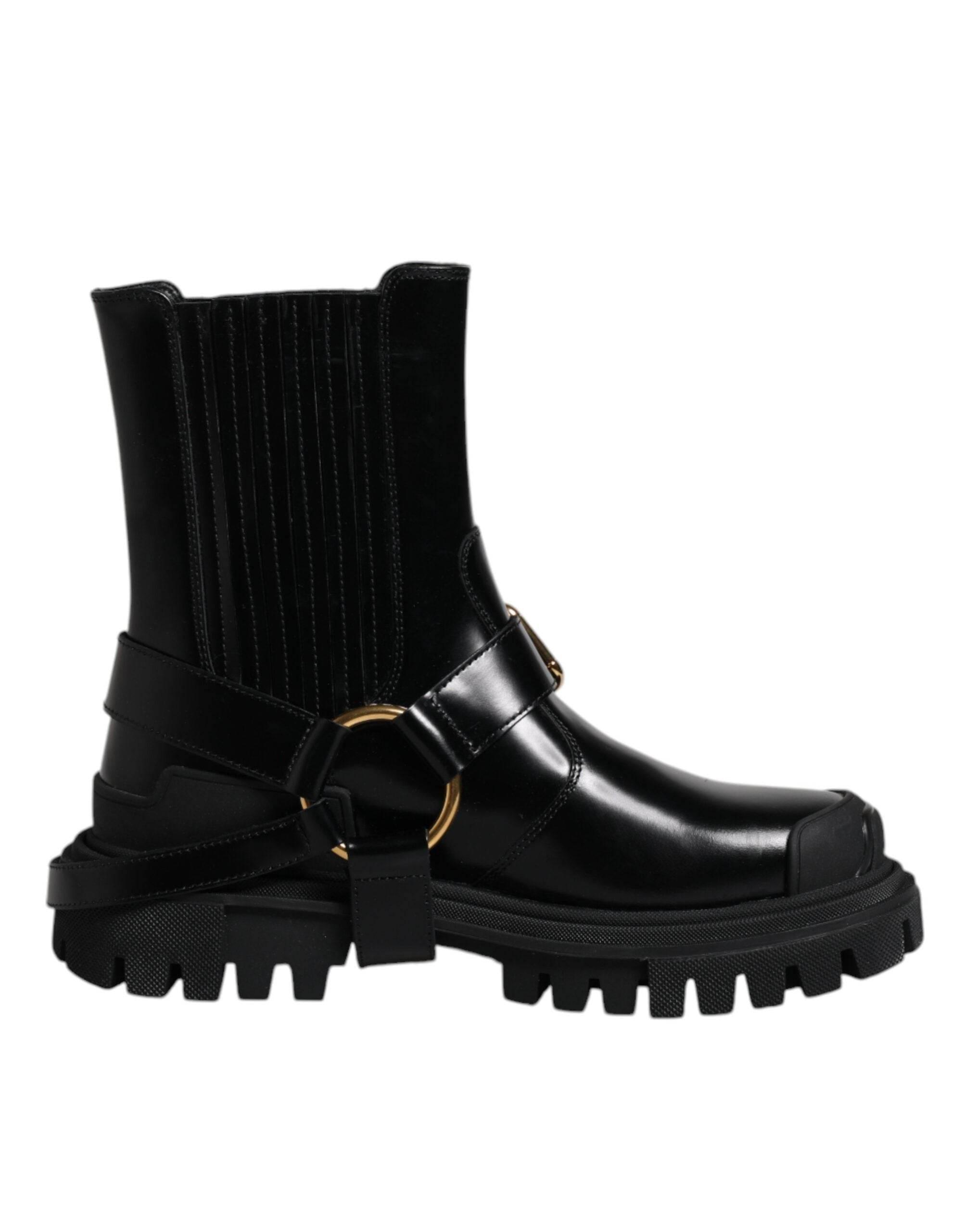 Dolce & Gabbana Black Leather Slip On Stretch Trekking Boots Shoes - Hilstor