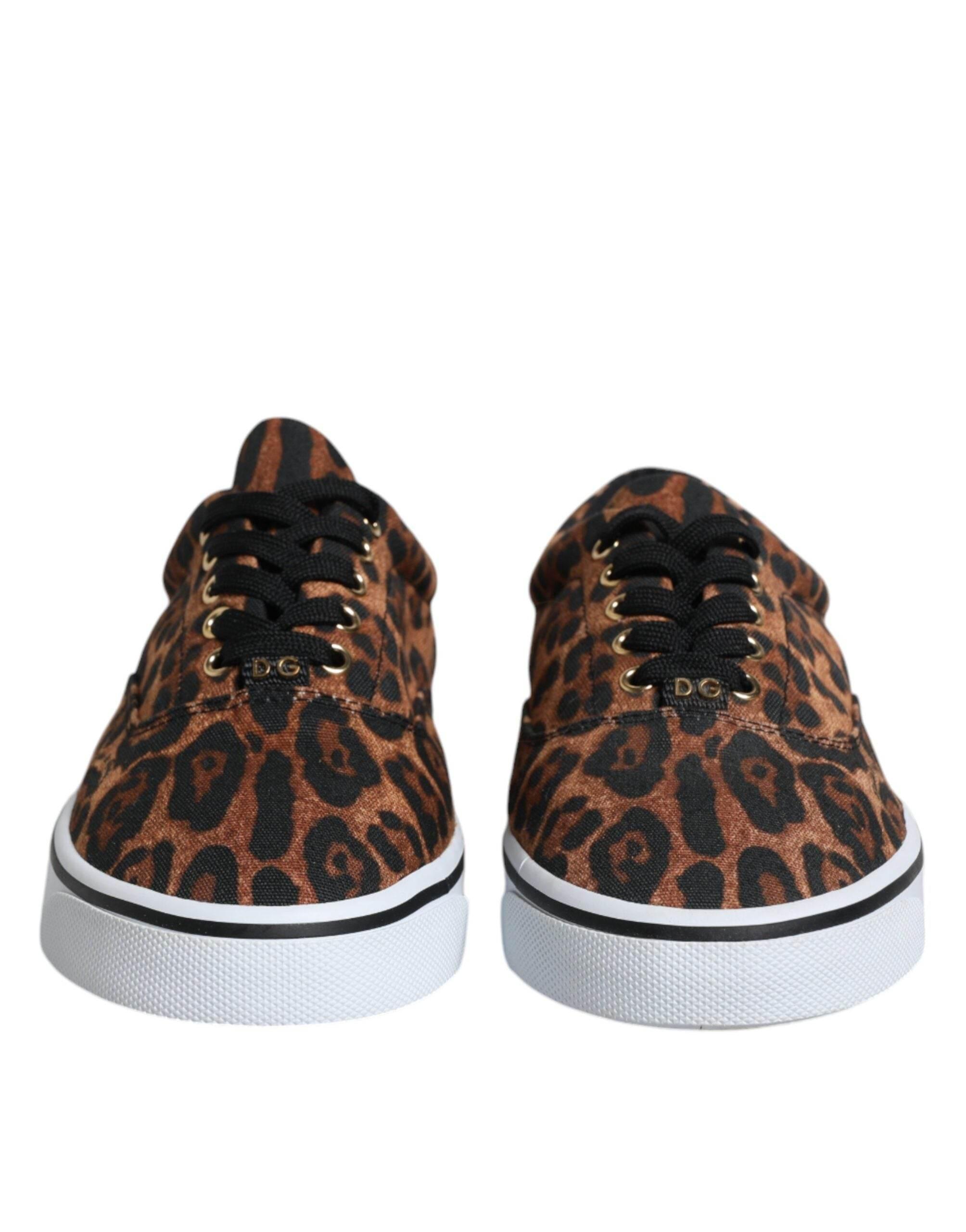 Dolce & Gabbana Brown Leopard Logo Print Cotton Sneakers Shoes - Hilstor