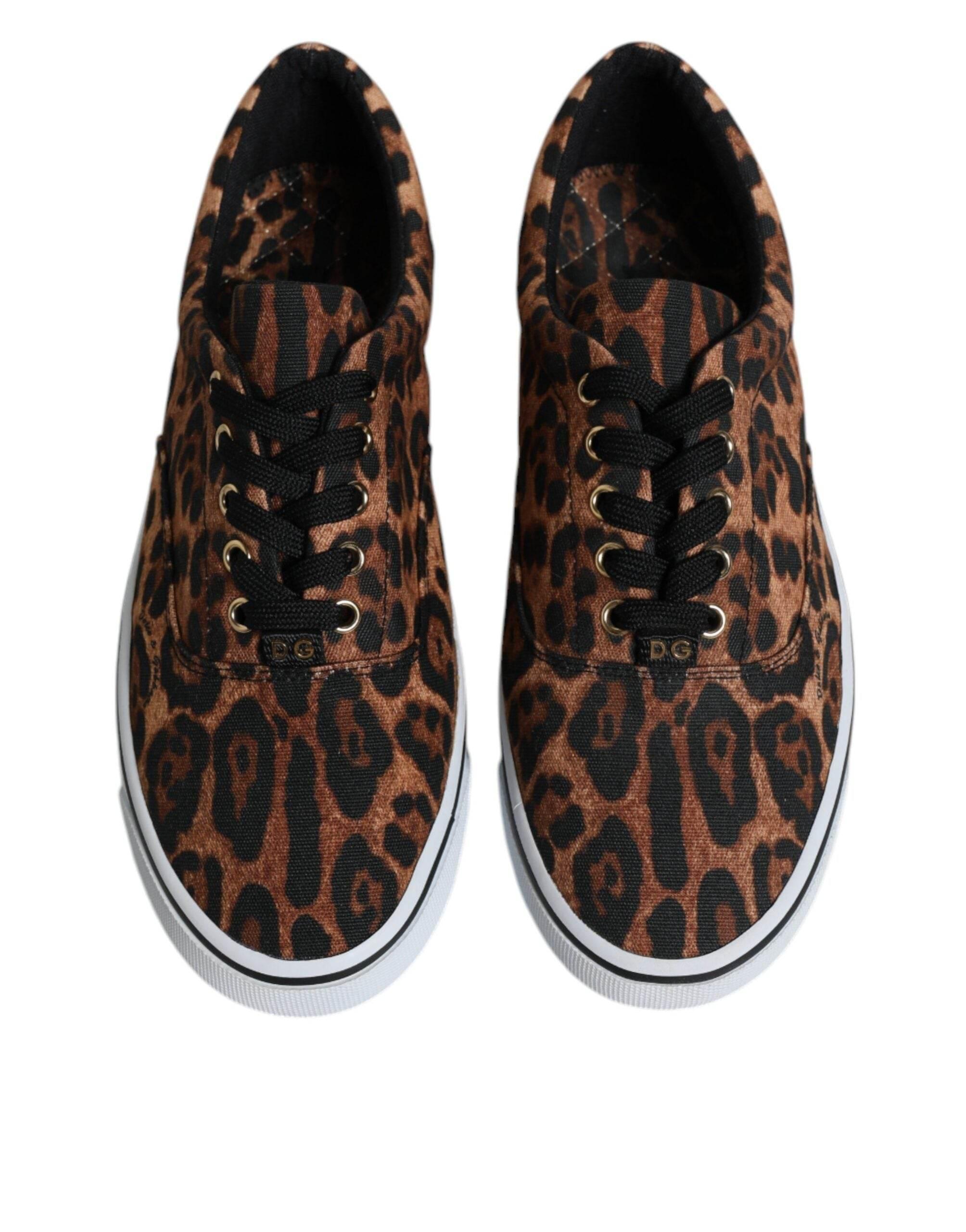 Dolce & Gabbana Brown Leopard Logo Print Cotton Sneakers Shoes - Hilstor