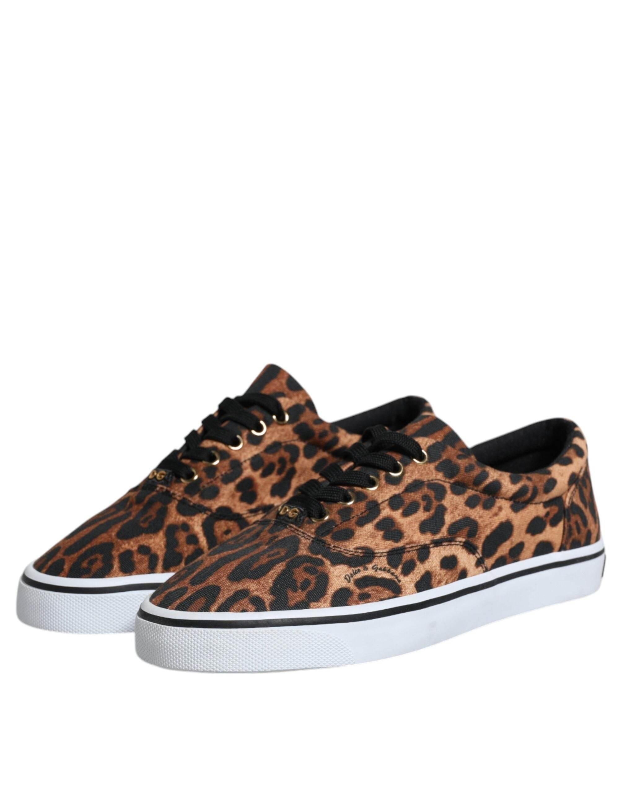 Dolce & Gabbana Brown Leopard Logo Print Cotton Sneakers Shoes - Hilstor