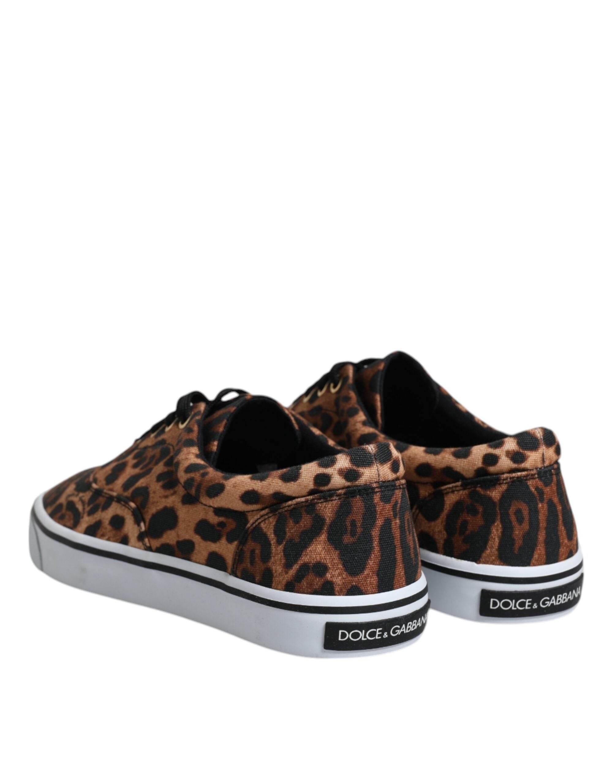 Dolce & Gabbana Brown Leopard Logo Print Cotton Sneakers Shoes - Hilstor