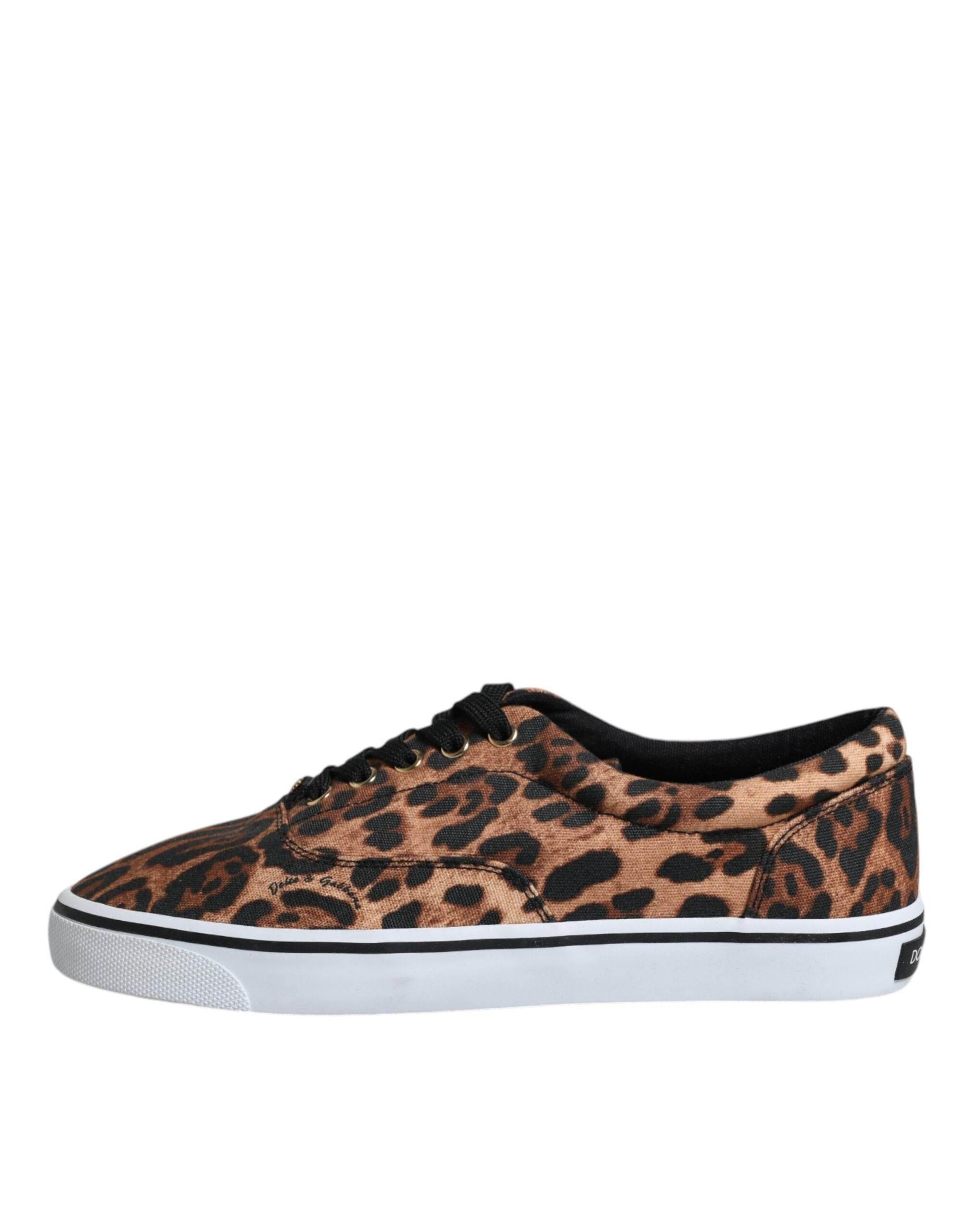 Dolce & Gabbana Brown Leopard Logo Print Cotton Sneakers Shoes - Hilstor