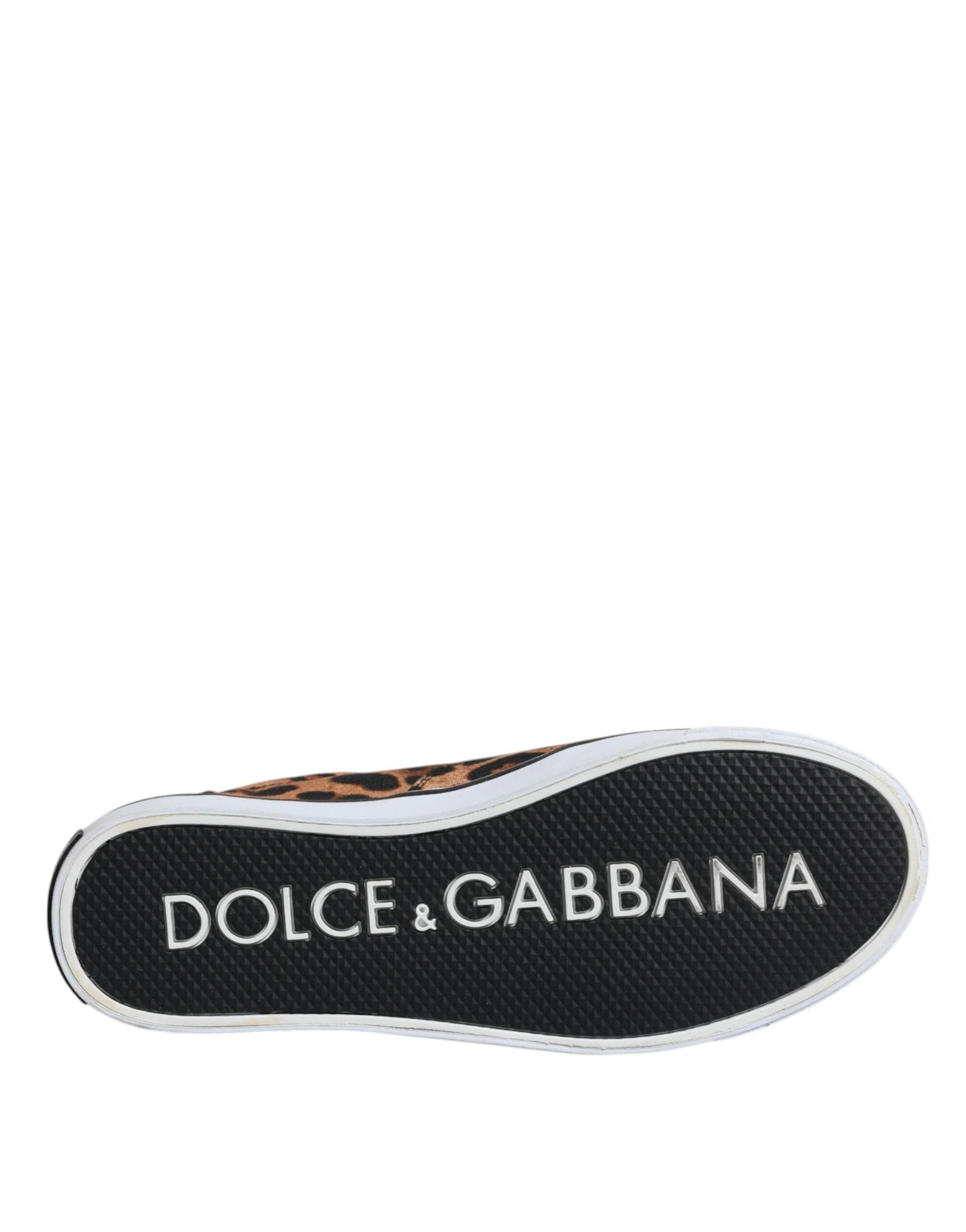 Dolce & Gabbana Brown Leopard Logo Print Cotton Sneakers Shoes - Hilstor