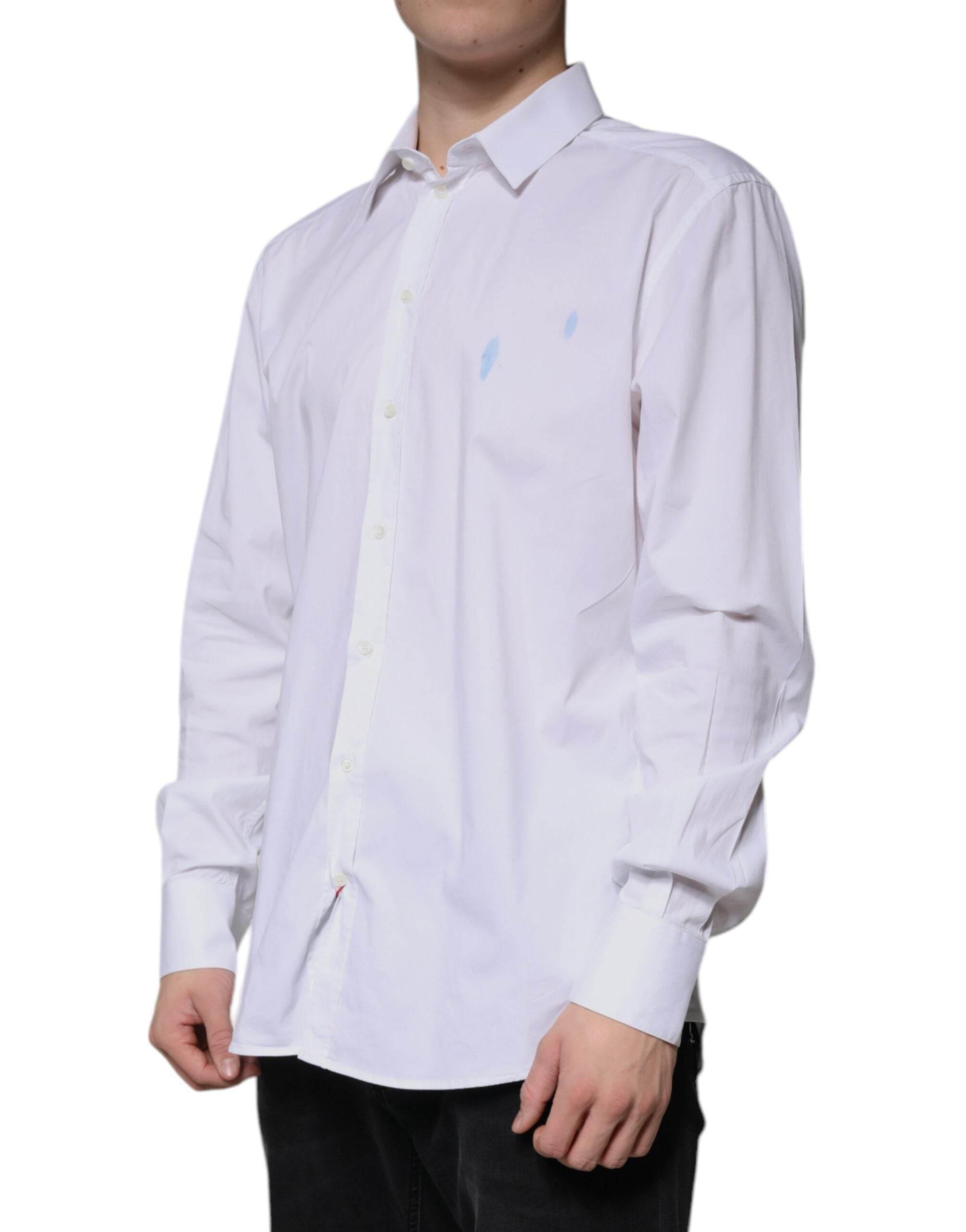 Dolce & Gabbana White Cotton Long Sleeve GOLD Dress Shirt - Hilstor