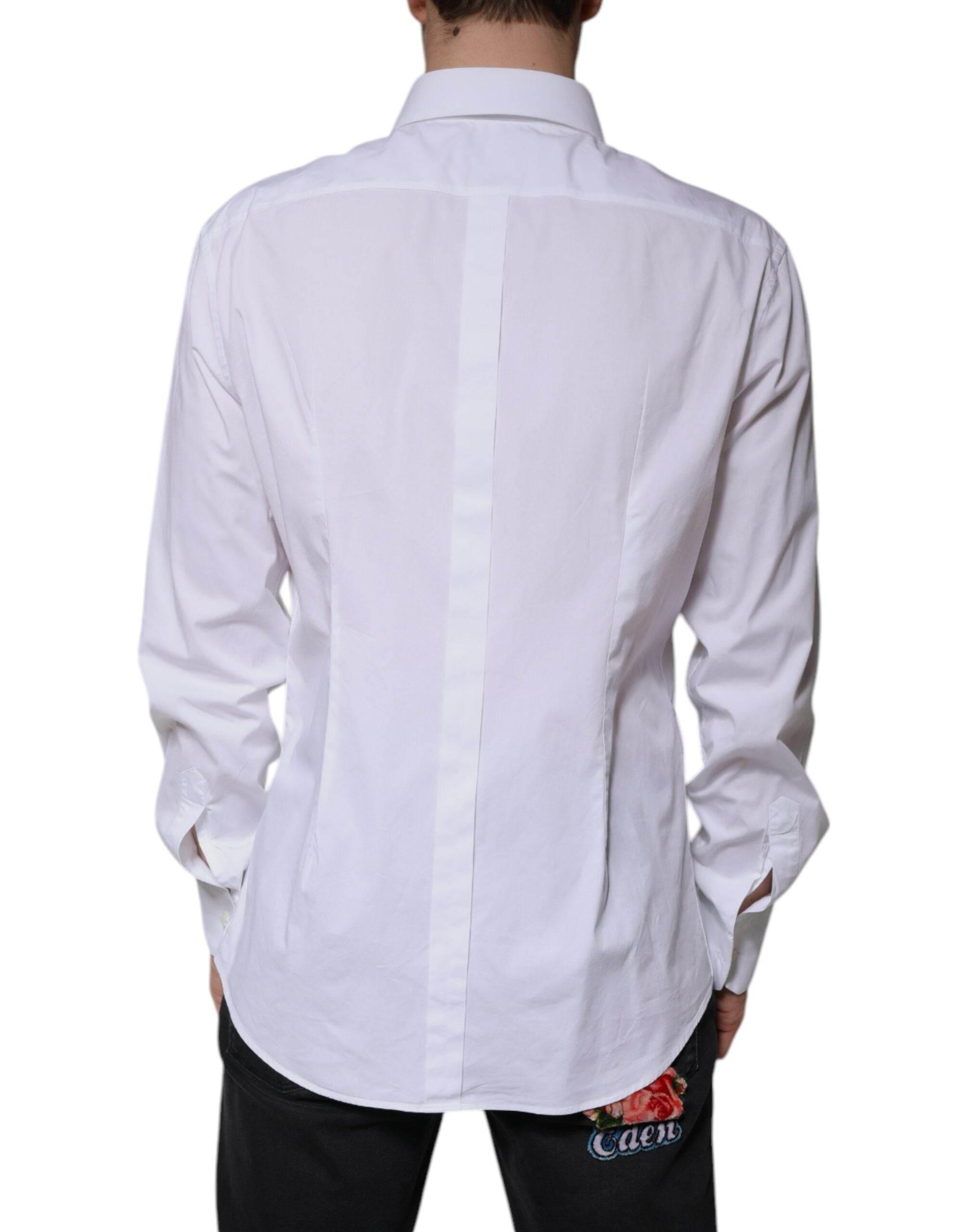 Dolce & Gabbana White Cotton Long Sleeve GOLD Dress Shirt - Hilstor
