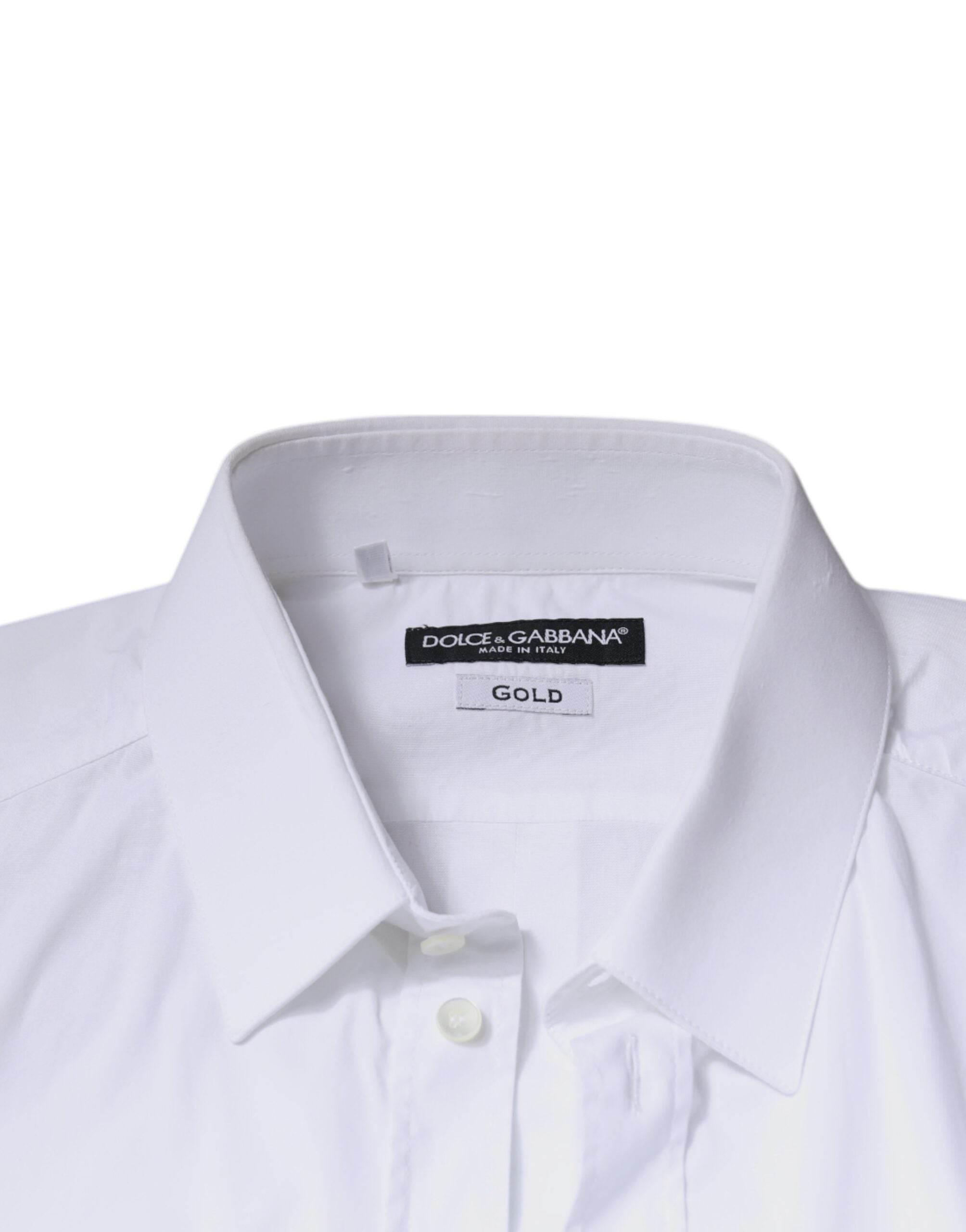 Dolce & Gabbana White Cotton Long Sleeve GOLD Dress Shirt - Hilstor