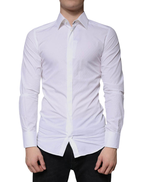 Dolce & Gabbana White Cotton Long Sleeve GOLD Dress Shirt - Hilstor